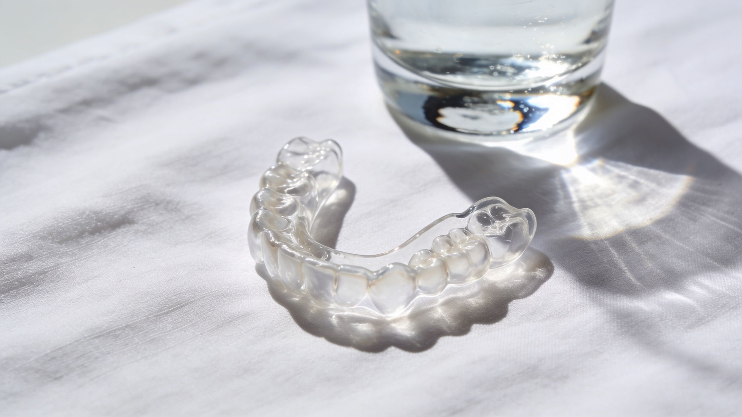 A clear dental aligner or night guard sitting on a white surface next to a glass of water.