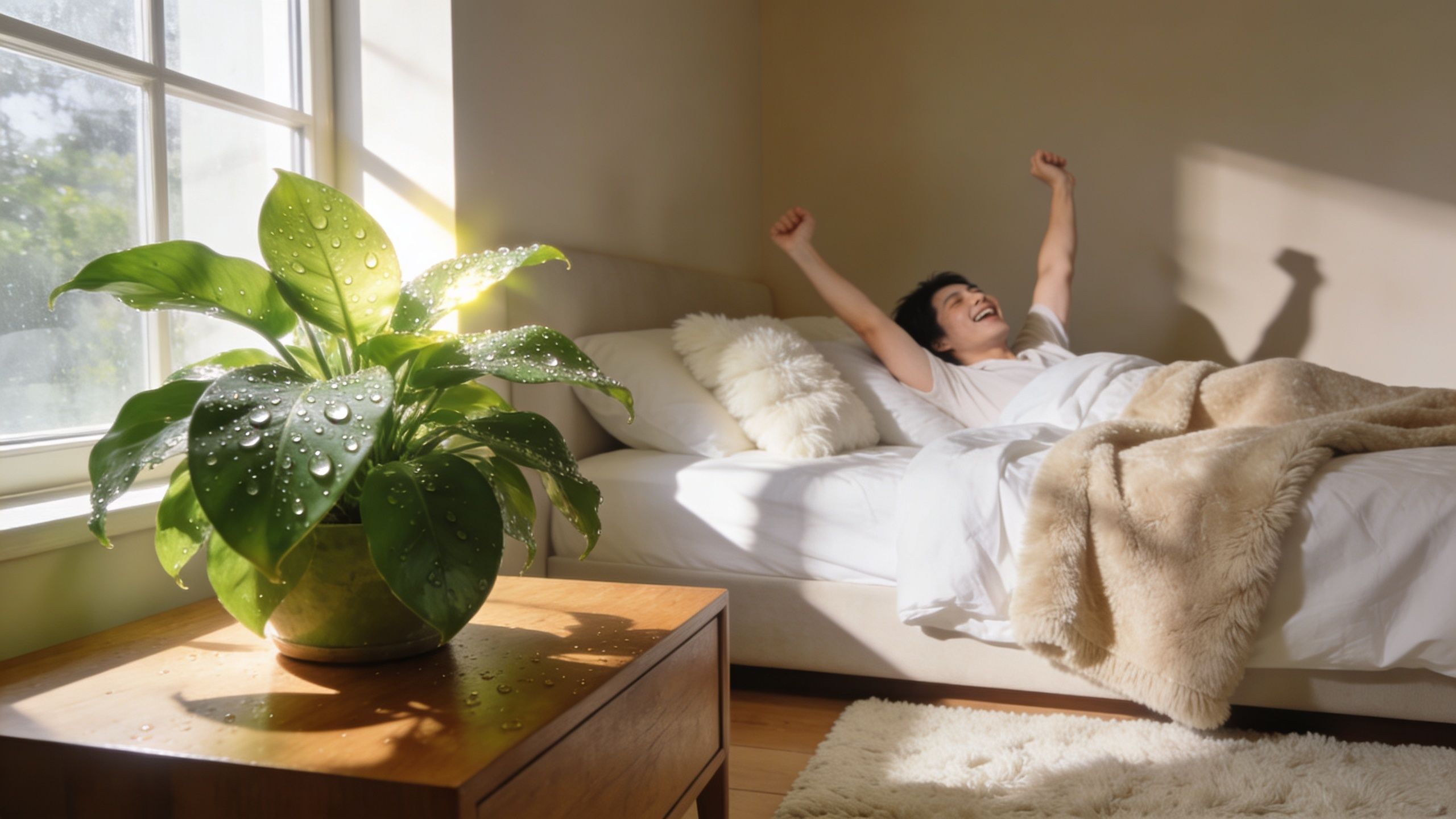 A happy person waking up in a sunlit bedroom next to a houseplant on a wooden table.