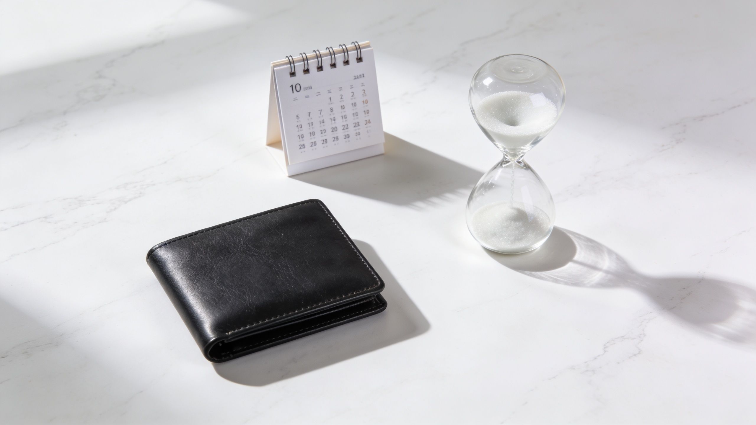 A black leather wallet sits next to a small calendar and an hourglass on a marble surface.