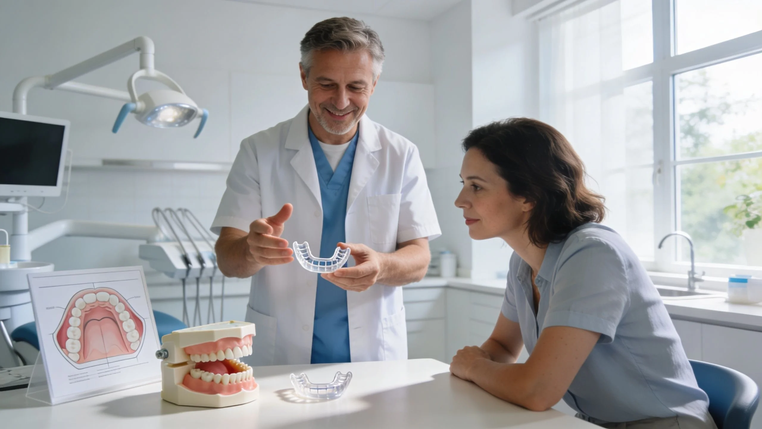 A dentist explaining an oral appliance for sleep apnea treatment to a female patient in his office.