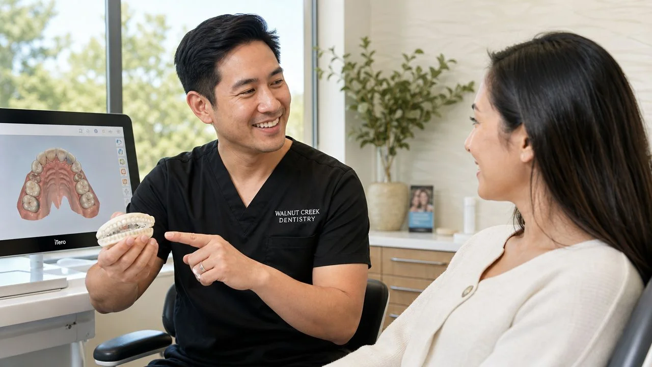 A friendly dentist shows a dental model to a patient during a consultation in his office.