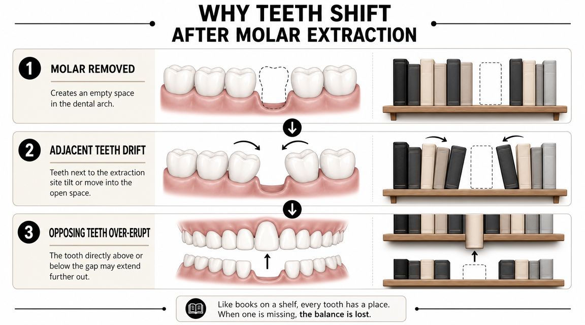 A diagram illustrating how teeth shift into empty spaces following a molar extraction, comparing them to books.