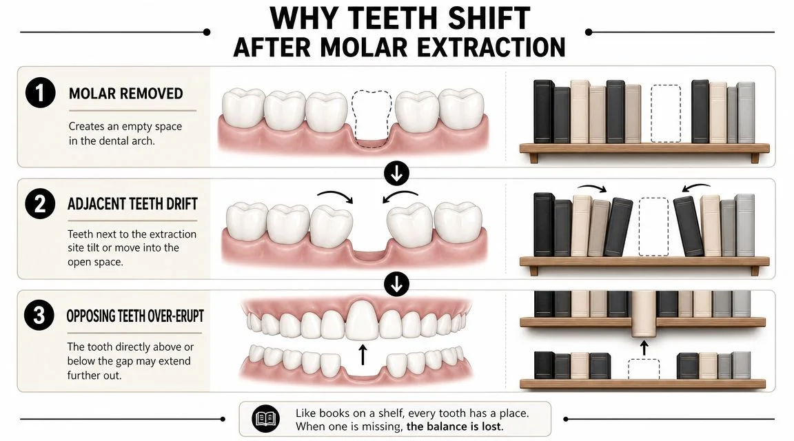 A diagram illustrating how teeth shift into empty spaces following a molar extraction, comparing them to books.