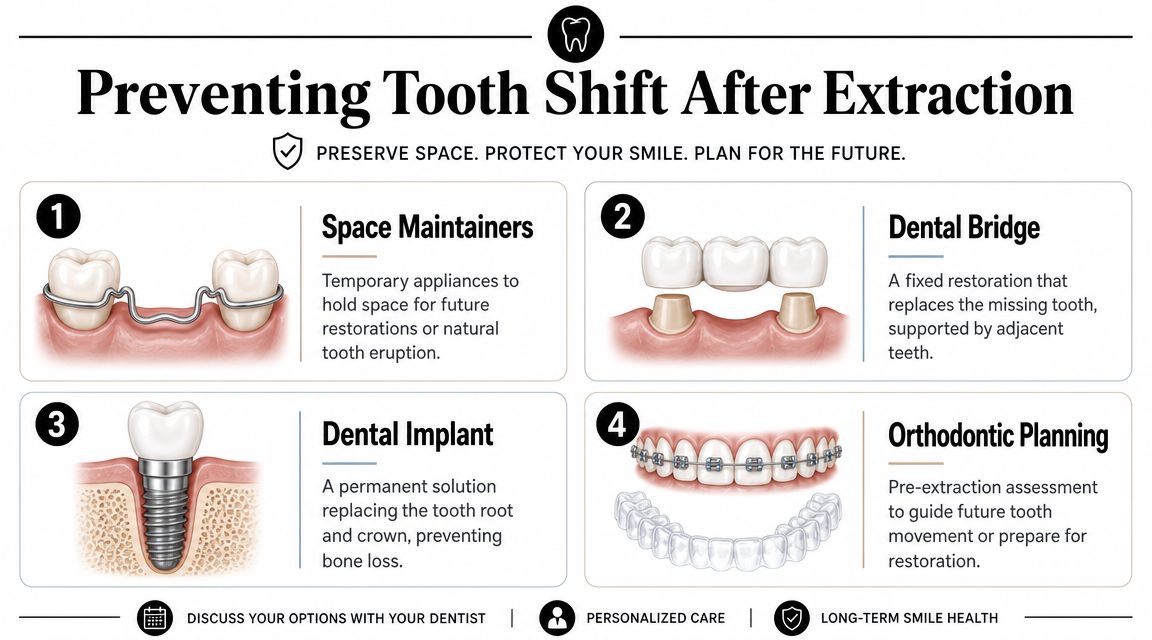 An infographic illustrating four methods for preventing teeth shifting after molar extraction including dental appliances and implants.