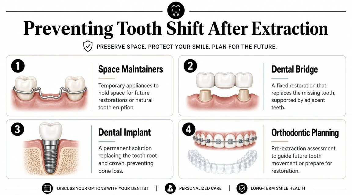 An infographic illustrating four methods for preventing teeth shifting after molar extraction including dental appliances and implants.