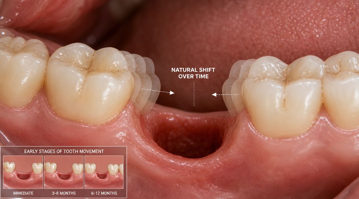 A close-up dental view showing the natural shifting of adjacent teeth into a gap after molar extraction.