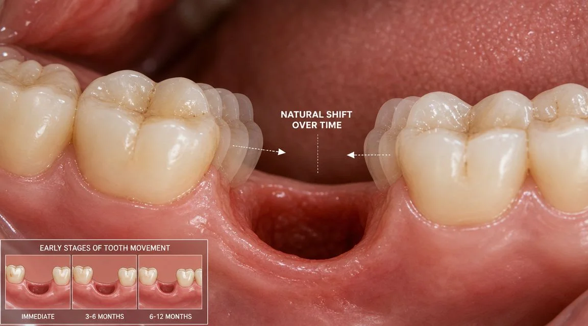 A close-up dental view showing the natural shifting of adjacent teeth into a gap after molar extraction.