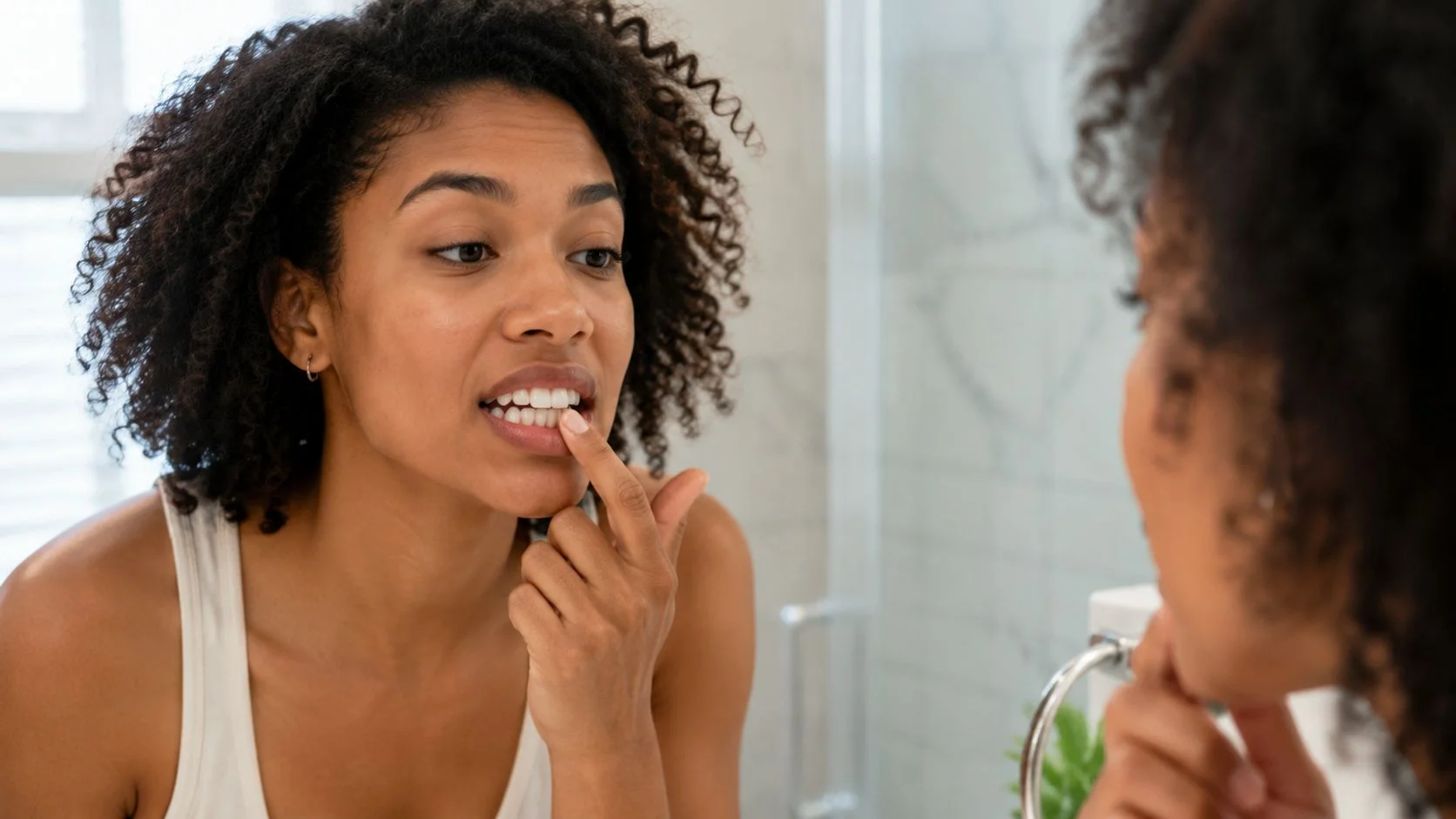A woman looks in the mirror and checks her white teeth with her finger in a bathroom.