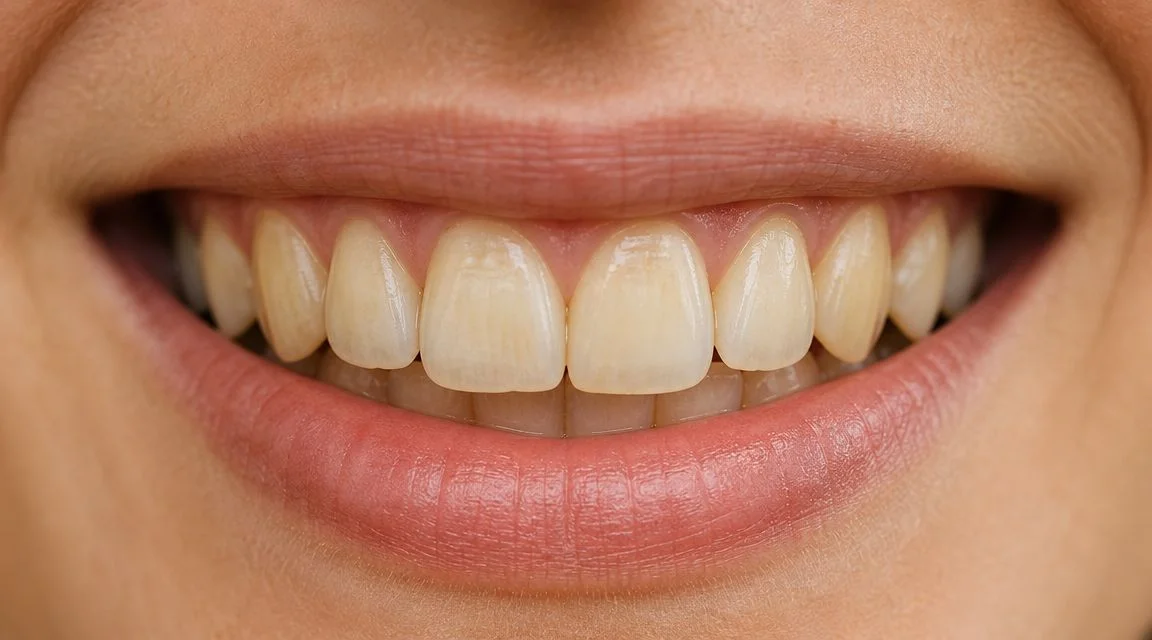 A close-up view of a person's smile showing natural, slightly discolored adult teeth before dental treatment.