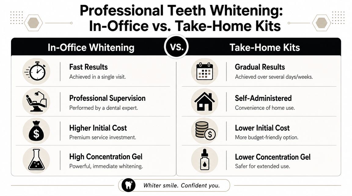 A comparison chart showing the differences between professional in-office teeth whitening and take-home whitening kits.