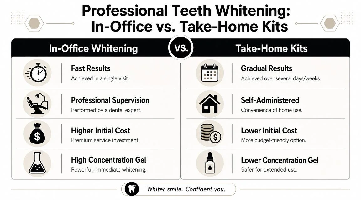 A comparison chart showing the differences between professional in-office teeth whitening and take-home whitening kits.