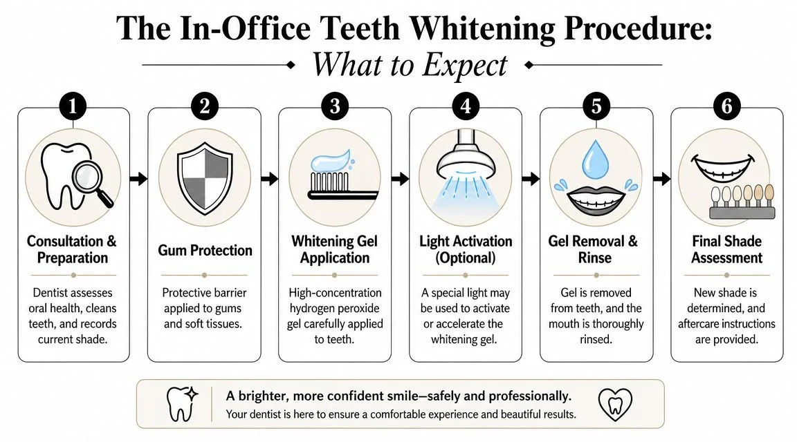A six-step infographic illustrating the professional in-office teeth whitening procedure performed at a dental clinic.