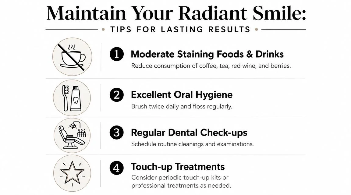 A dental advice infographic displaying four tips for maintaining teeth whitening results, including hygiene and lifestyle recommendations.