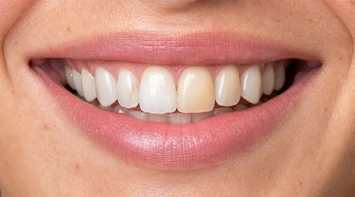 A close-up shot of a person smiling, showing teeth with noticeable color differences between the front teeth.