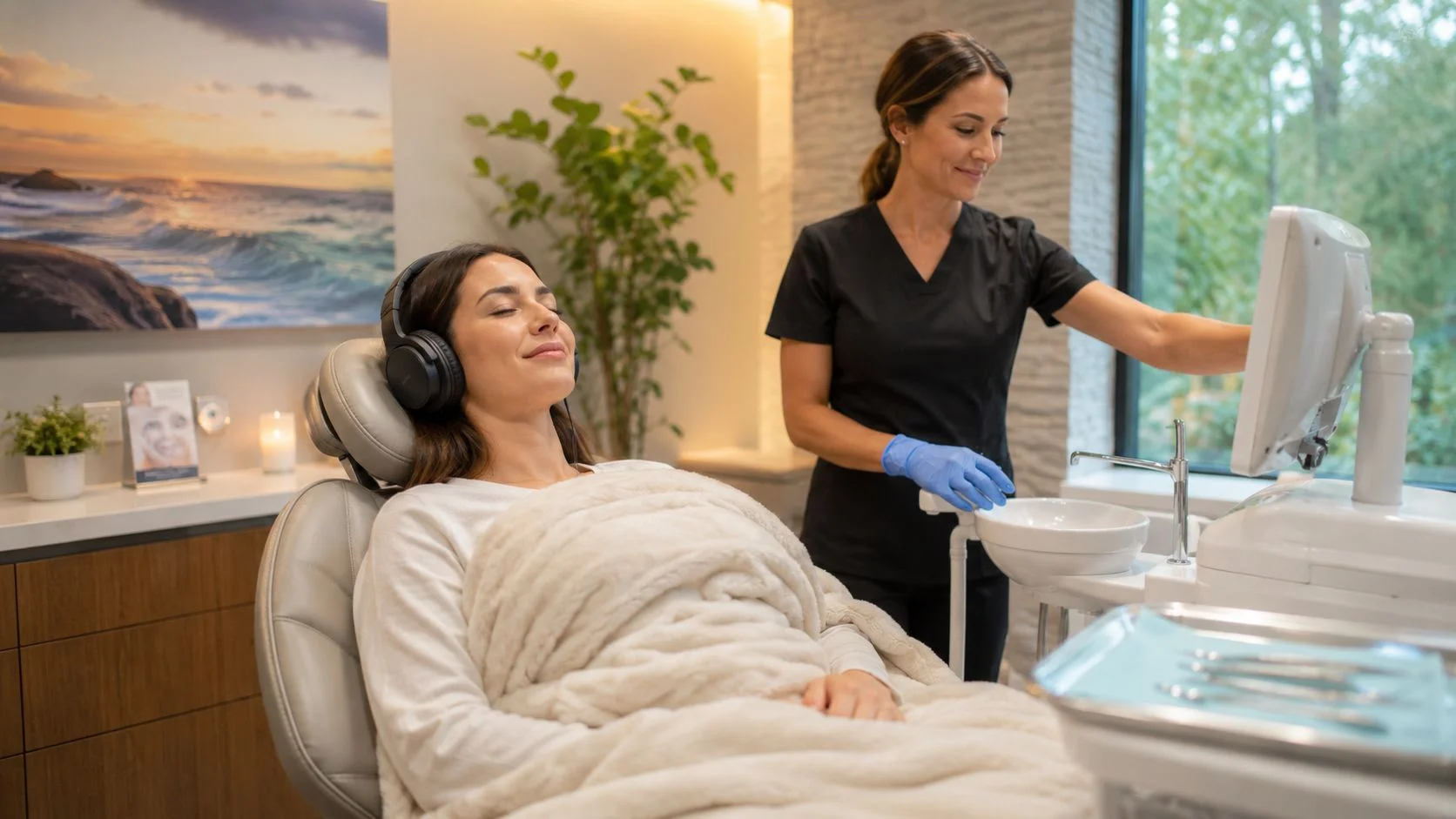 A relaxed patient wearing headphones rests in a dental chair while a professional hygienist adjusts a digital monitor.