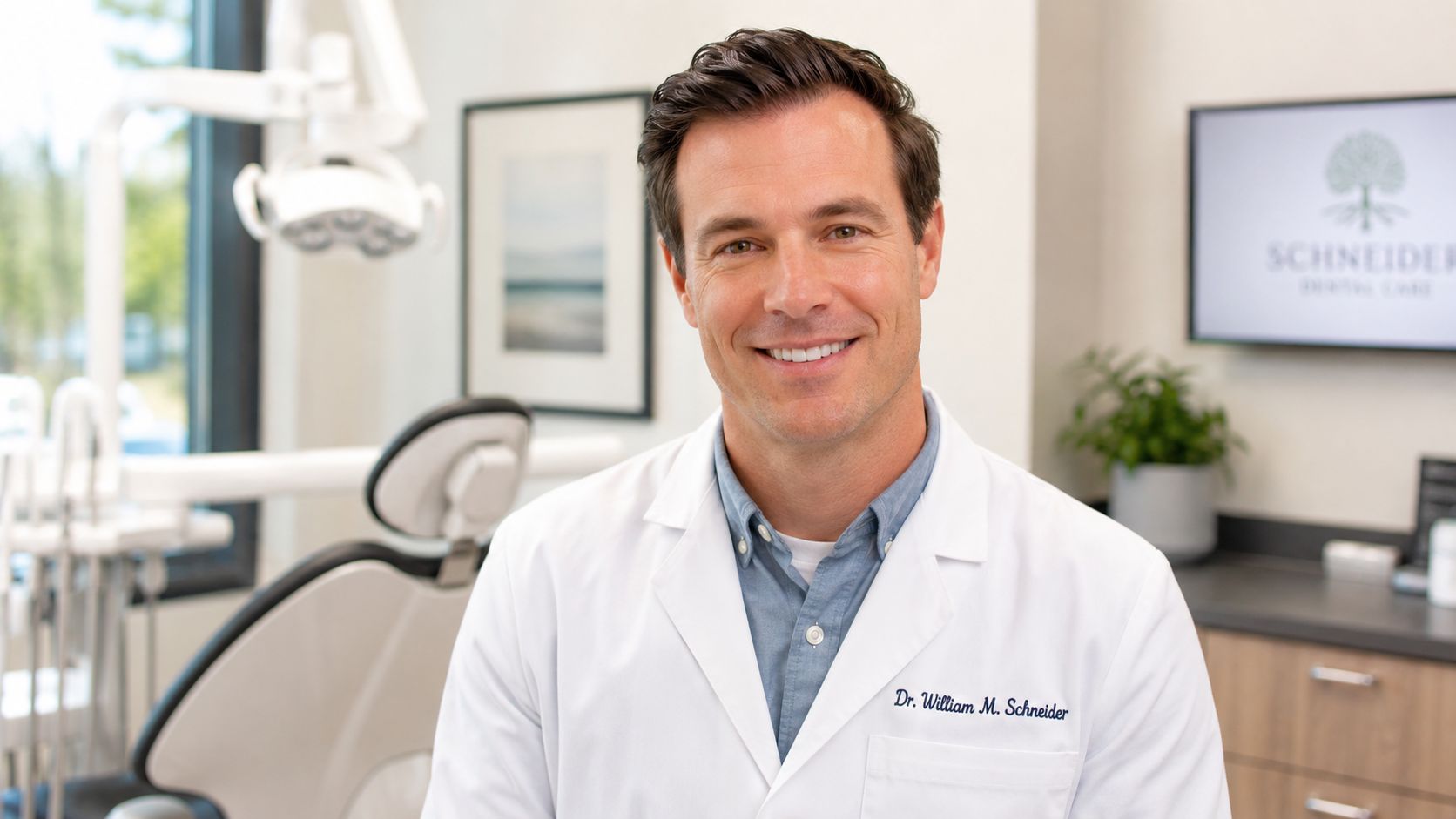 Dr. William M. Schneider, a friendly dentist, standing in his modern dental office wearing a white lab coat.