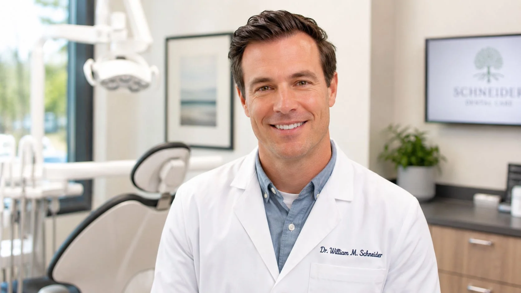 Dr. William M. Schneider, a friendly dentist, standing in his modern dental office wearing a white lab coat.