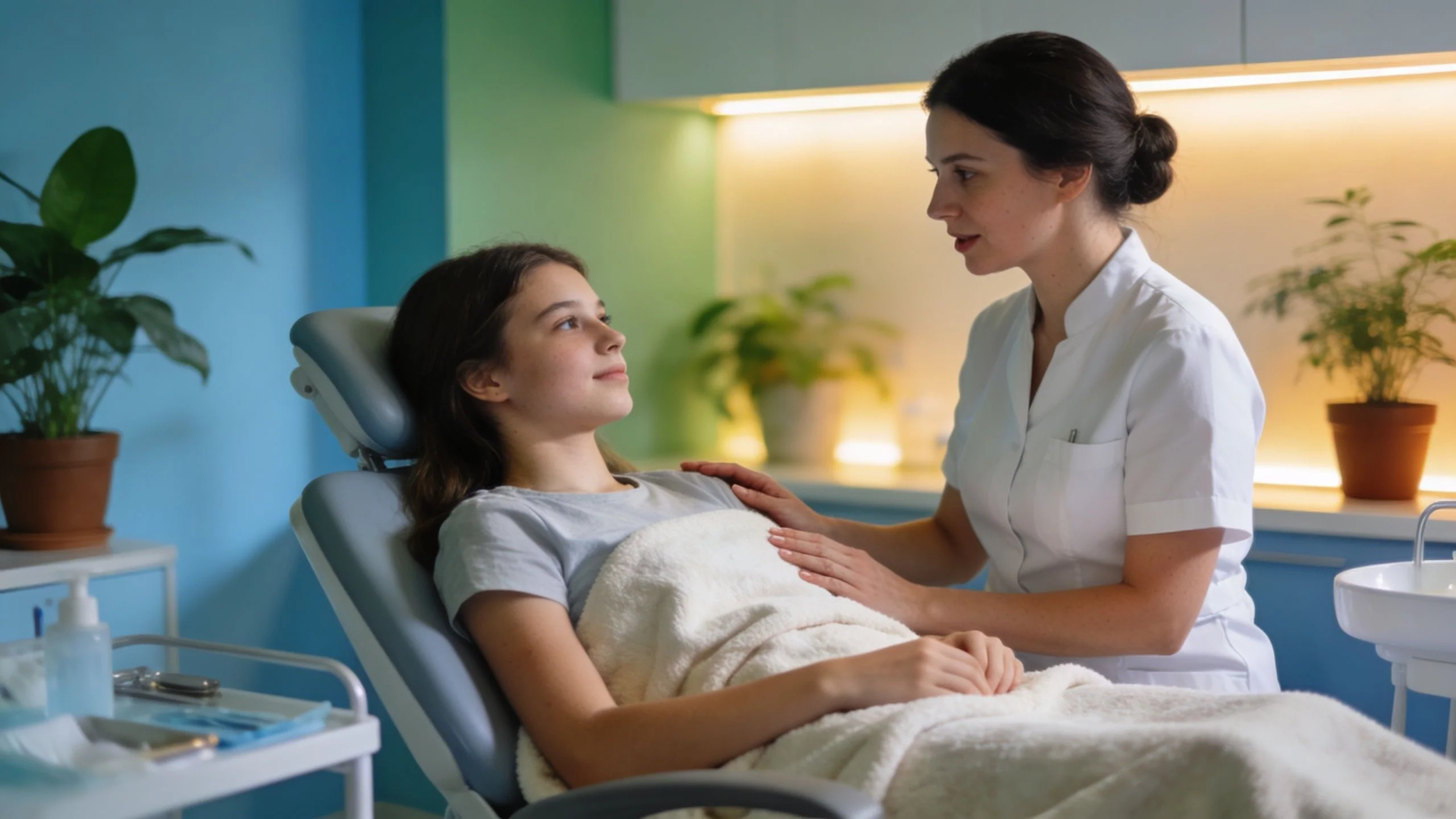 A friendly dentist comforts a young girl sitting in a dental chair during a professional consultation.