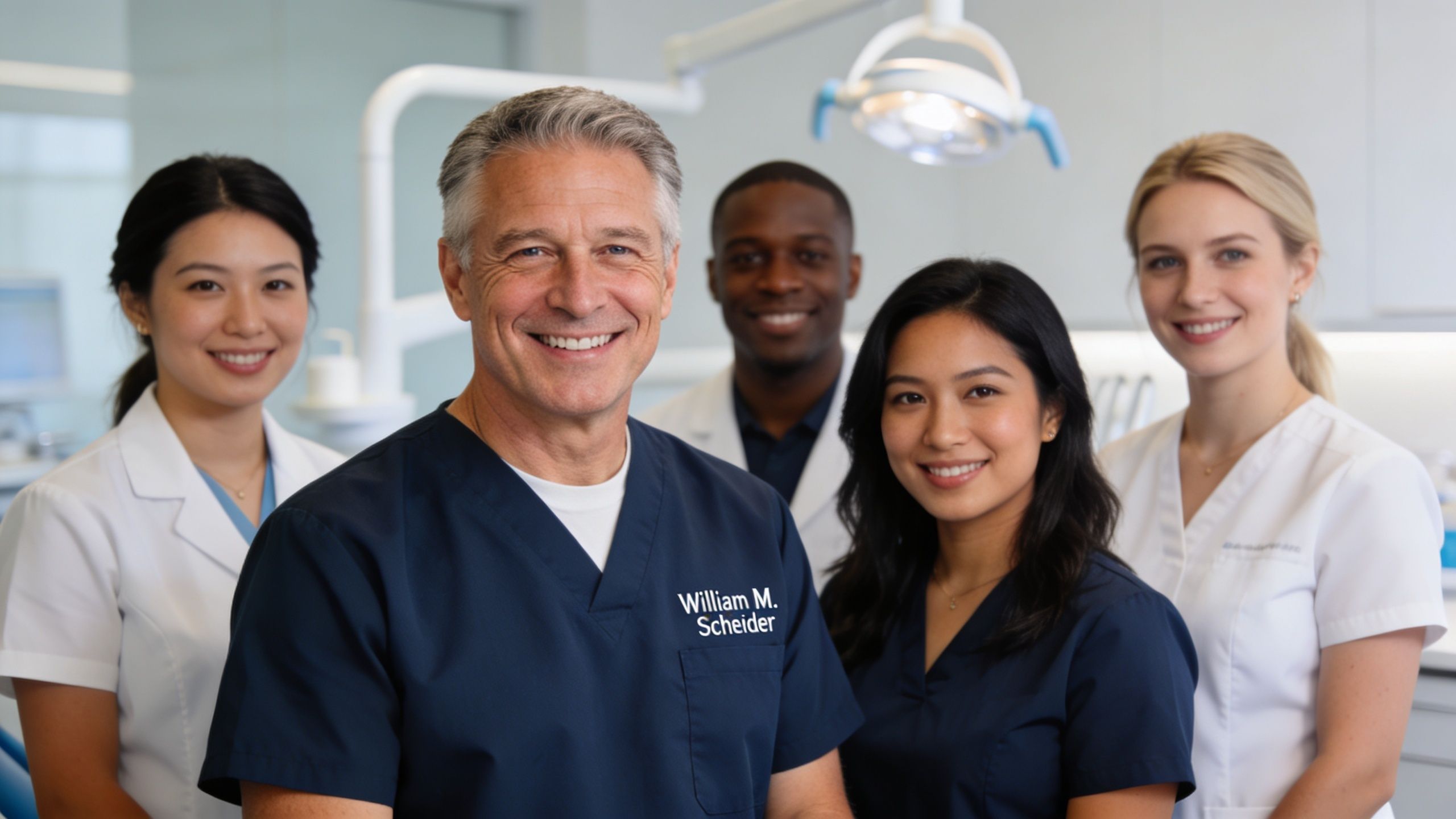 A professional and diverse team of dental staff smiling together in a modern clinic office setting.