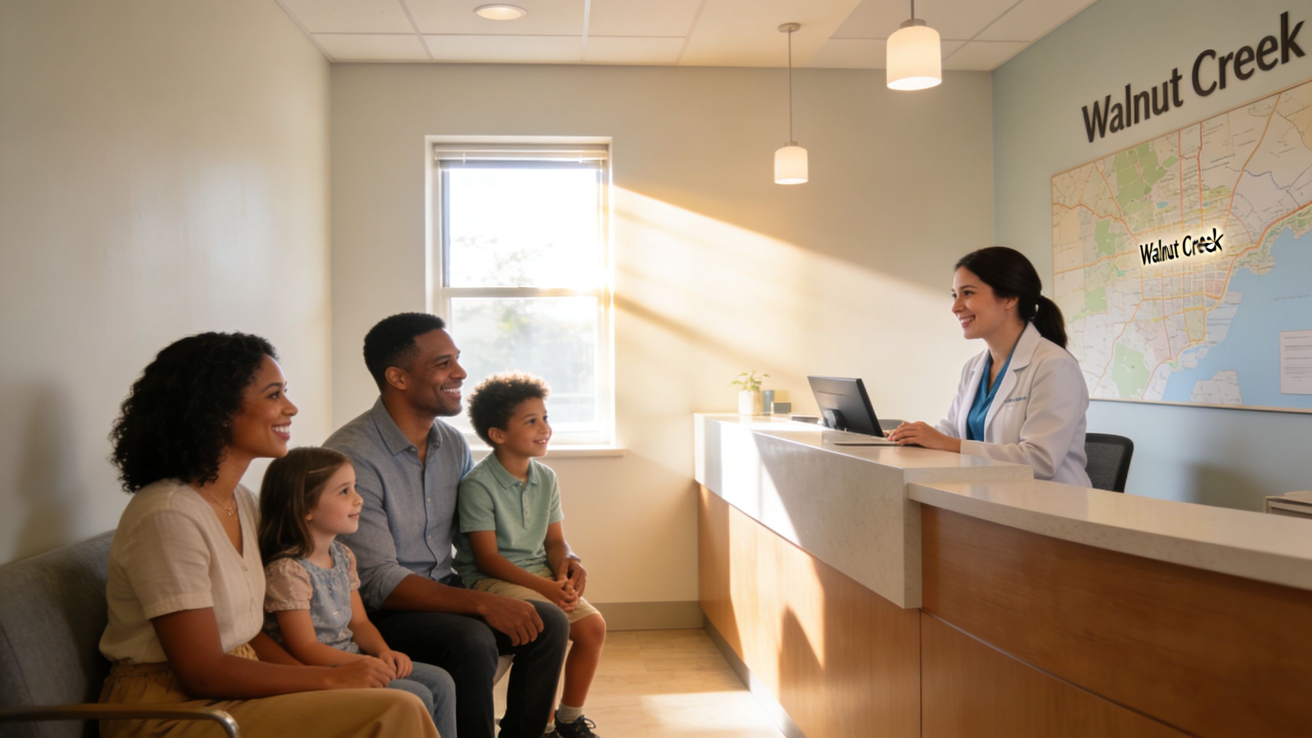 A family of four sits in a bright dental office reception area speaking with a receptionist.