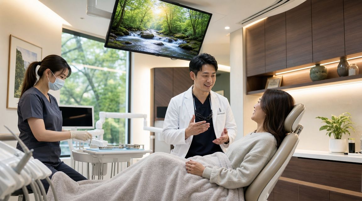 A friendly dentist consults with a female patient in a modern, welcoming dental office setting.