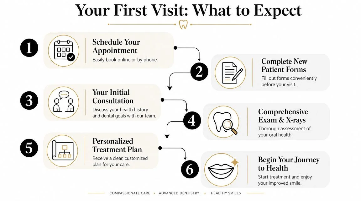 A step-by-step infographic titled Your First Visit explaining the six stages of a new patient dental appointment.