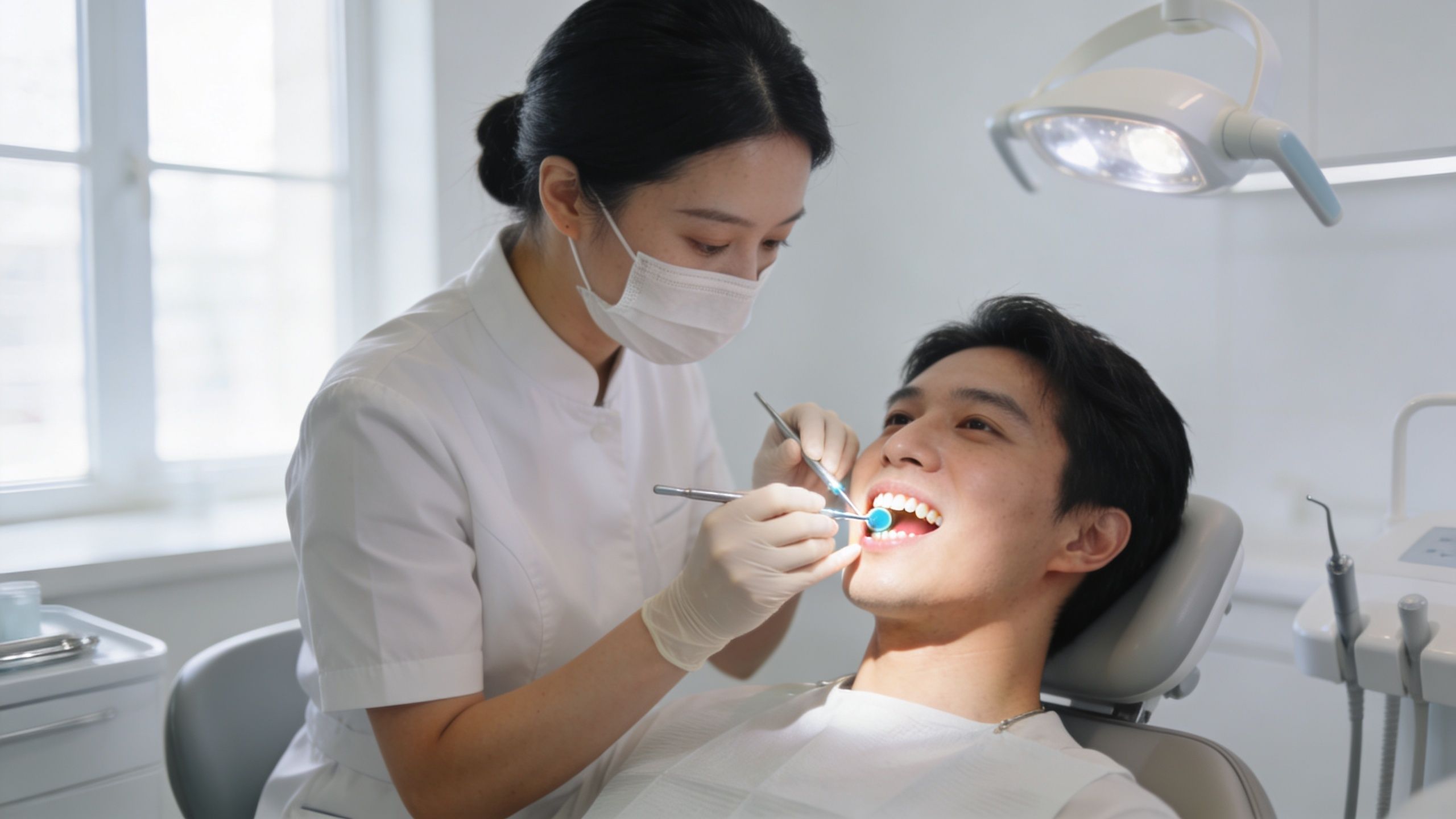 A professional dentist examining a patient's teeth during a routine checkup in a bright clinical dental office.