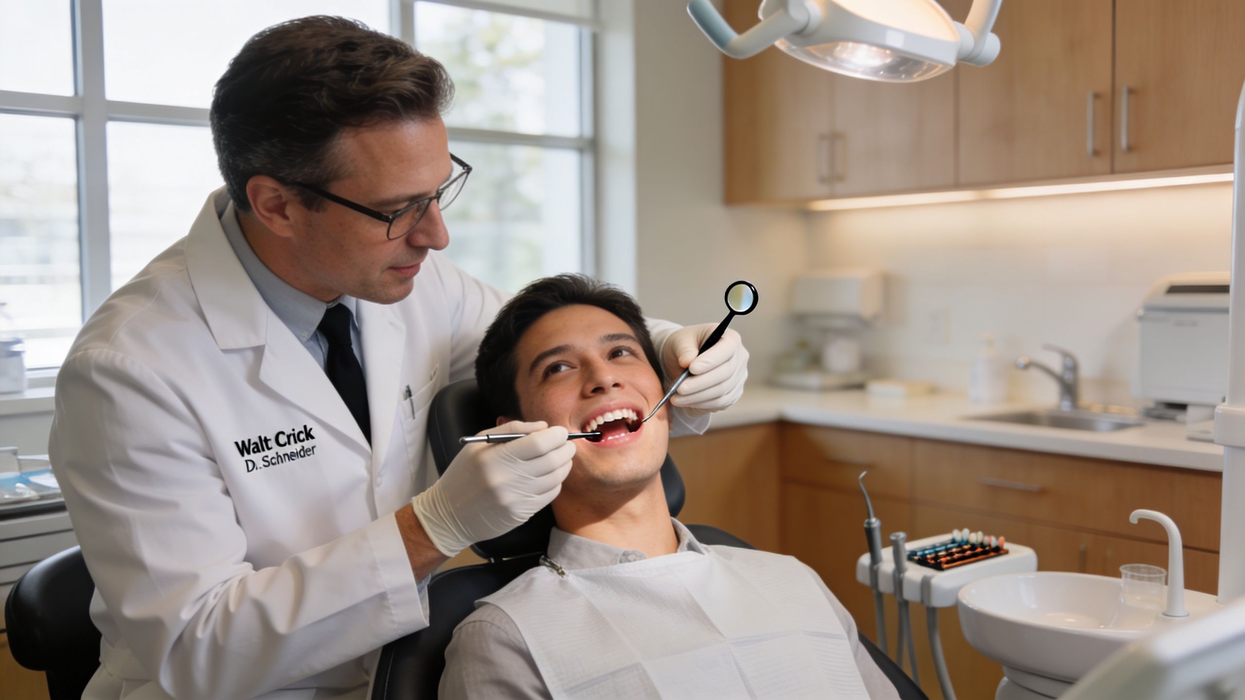 A professional dentist examining a smiling patient teeth in a bright, modern clinic setting.