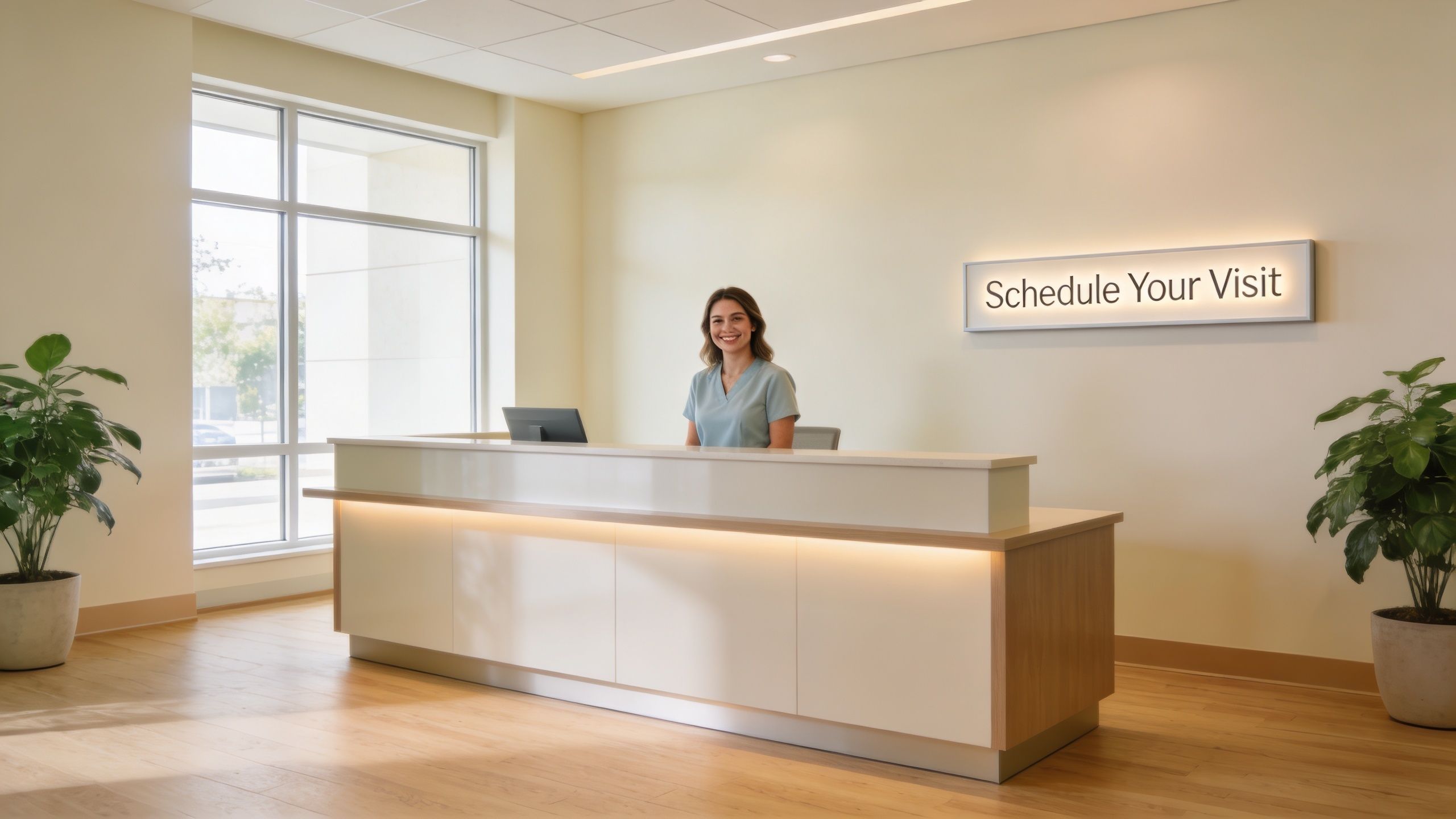 A friendly receptionist in blue scrubs sitting at a modern medical office front desk waiting for patients.