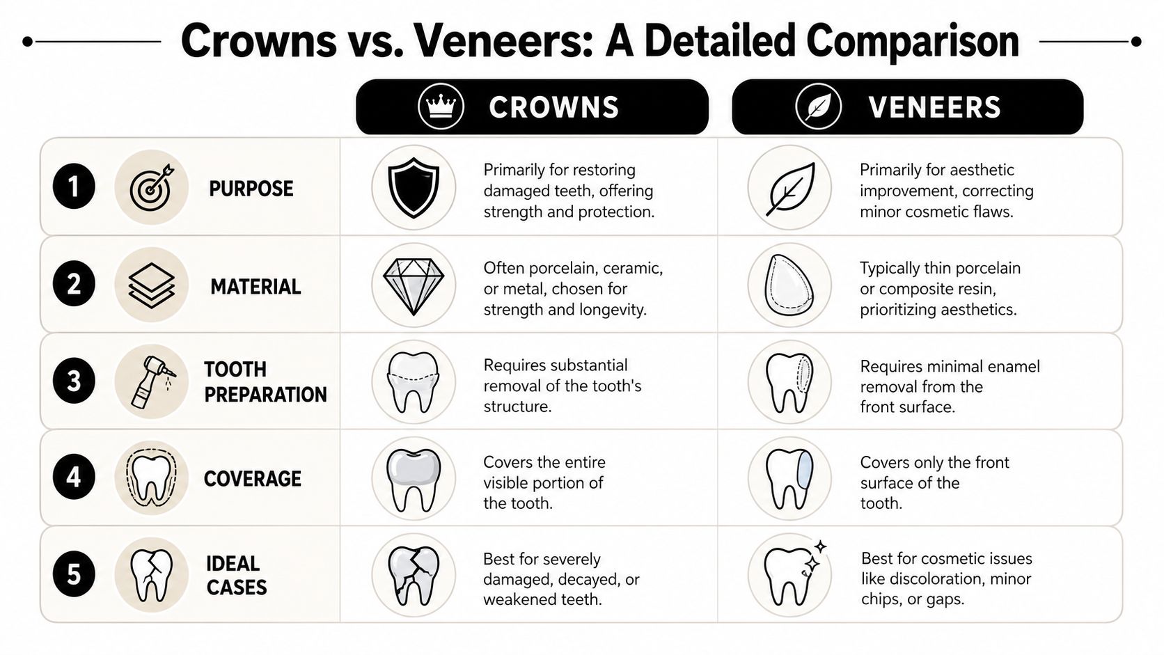 A detailed comparison chart showing the key differences between dental crowns and veneers for tooth restoration.
