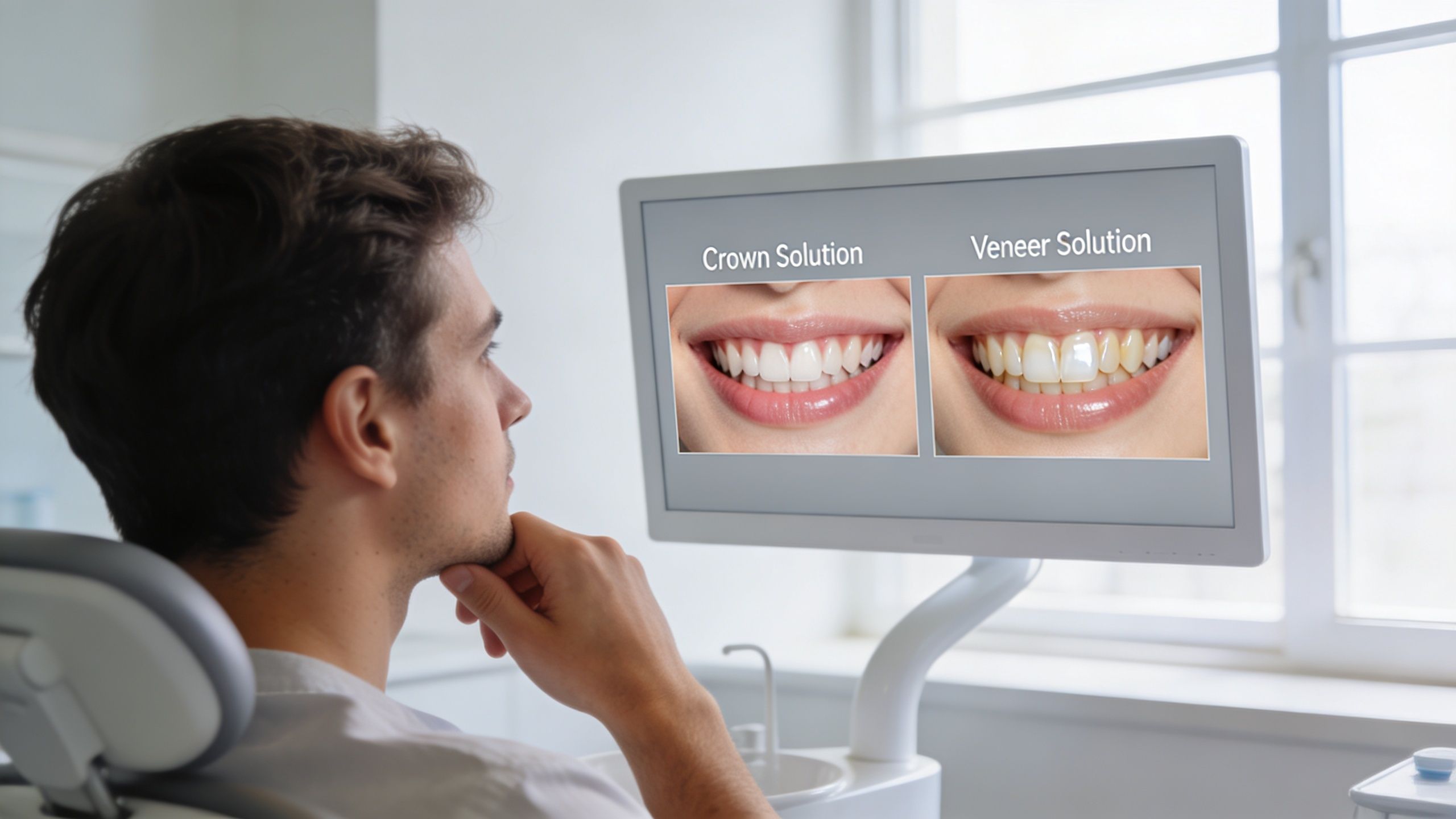 A male patient sitting in a dental chair looking at a screen displaying crown and veneer options.