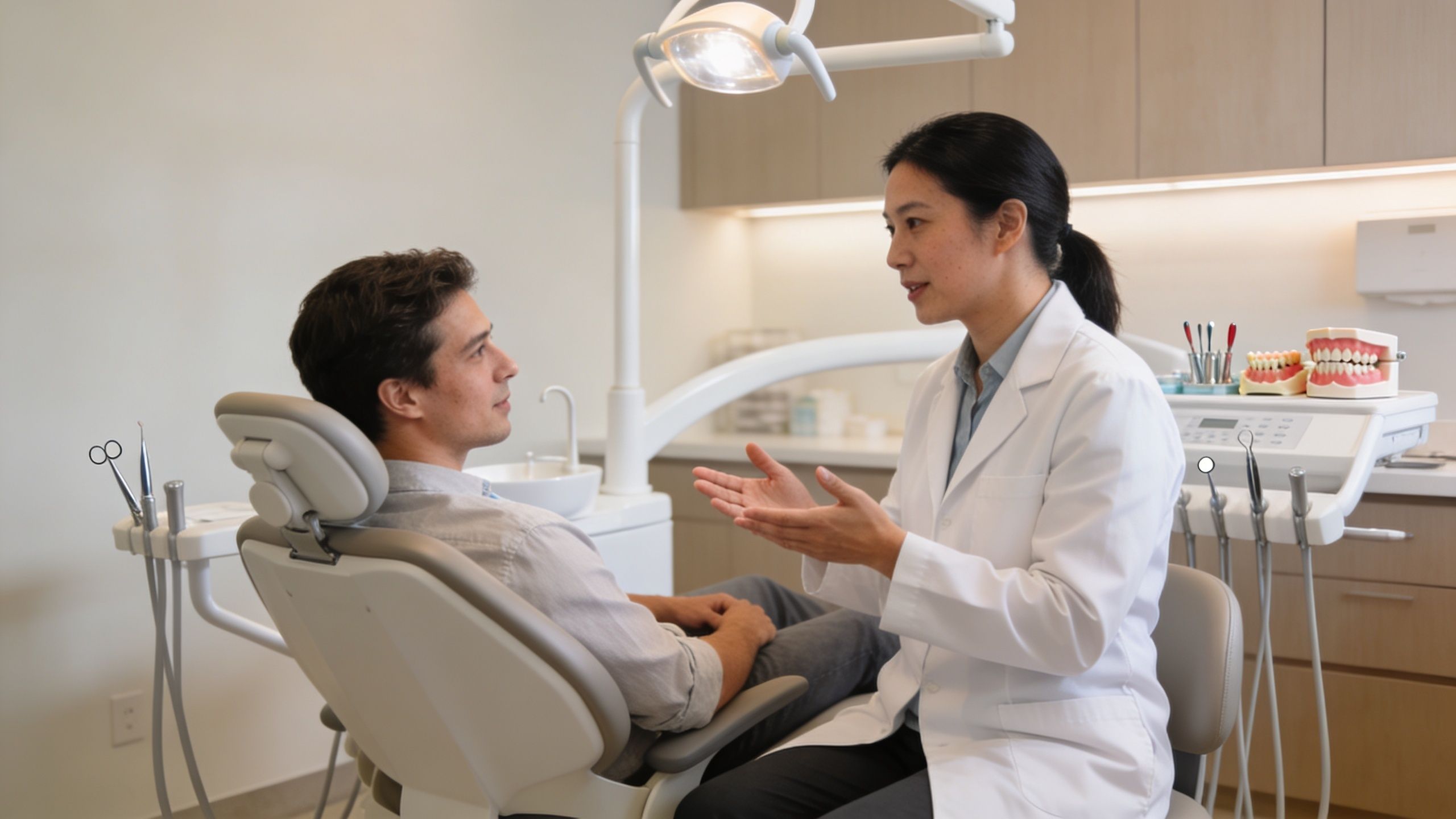 A female dentist in a white coat explains a dental procedure to a male patient in her office.