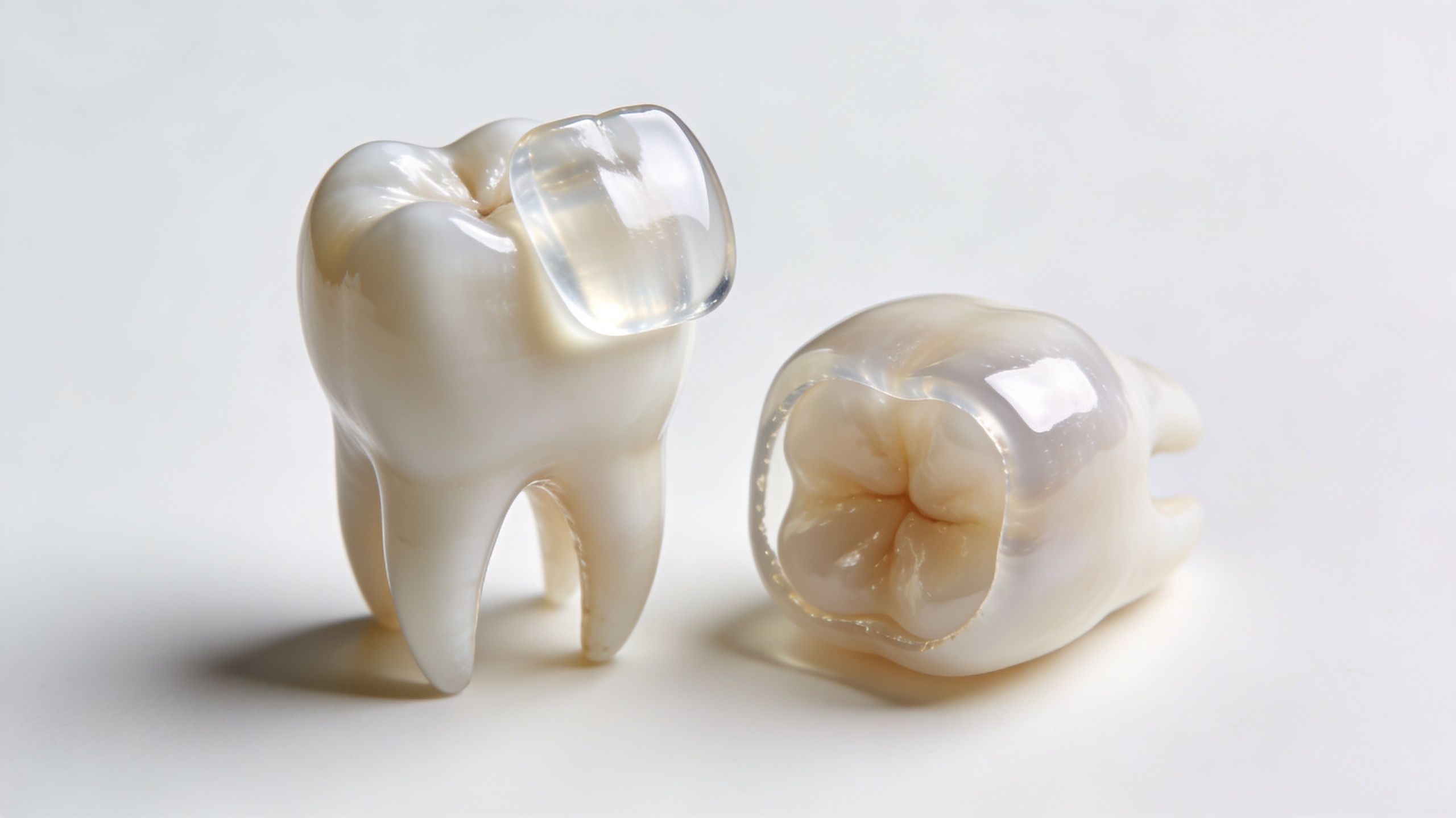 A studio shot comparing a dental crown covering a tooth and a thin veneer on a molar.