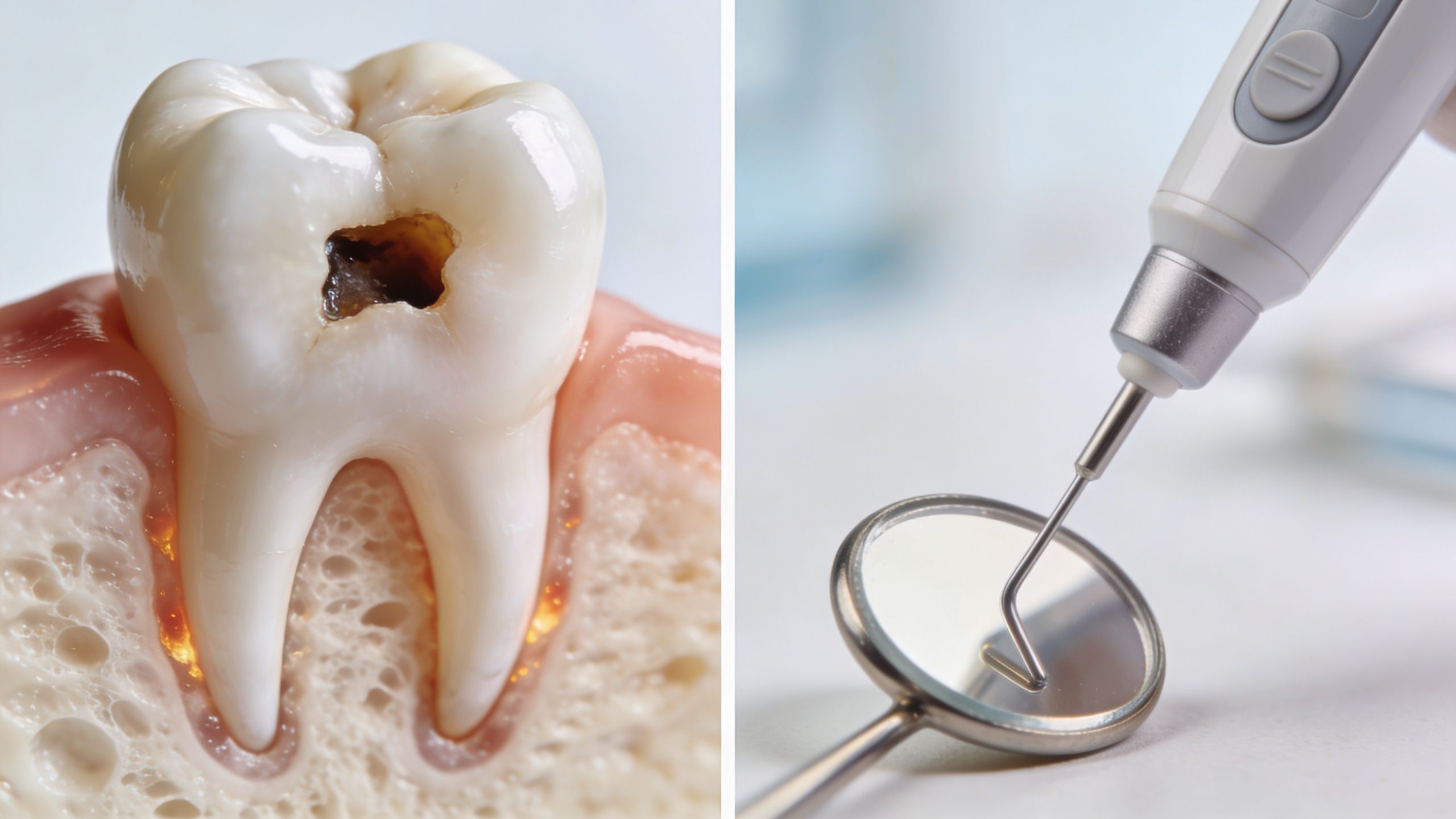 A close-up view of a tooth with a cavity alongside professional dental tools used for examination.