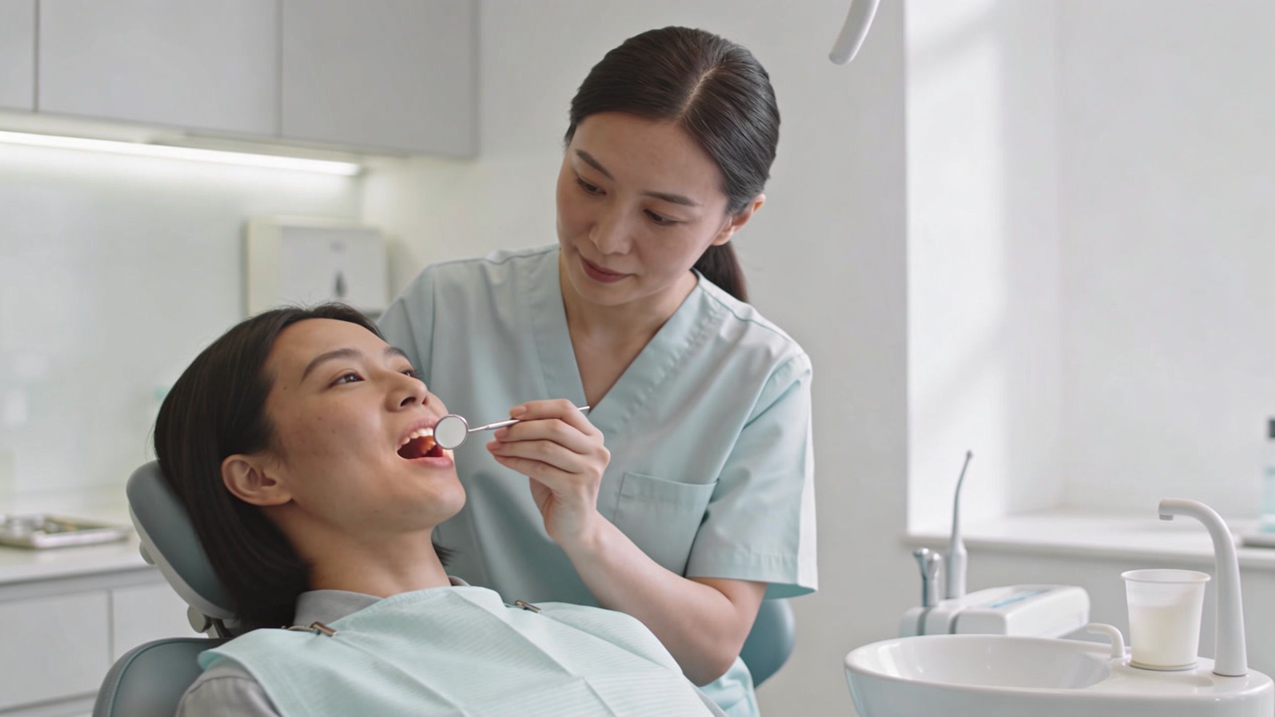 A female dentist in scrubs uses a dental mirror to examine a patient's teeth during a checkup.