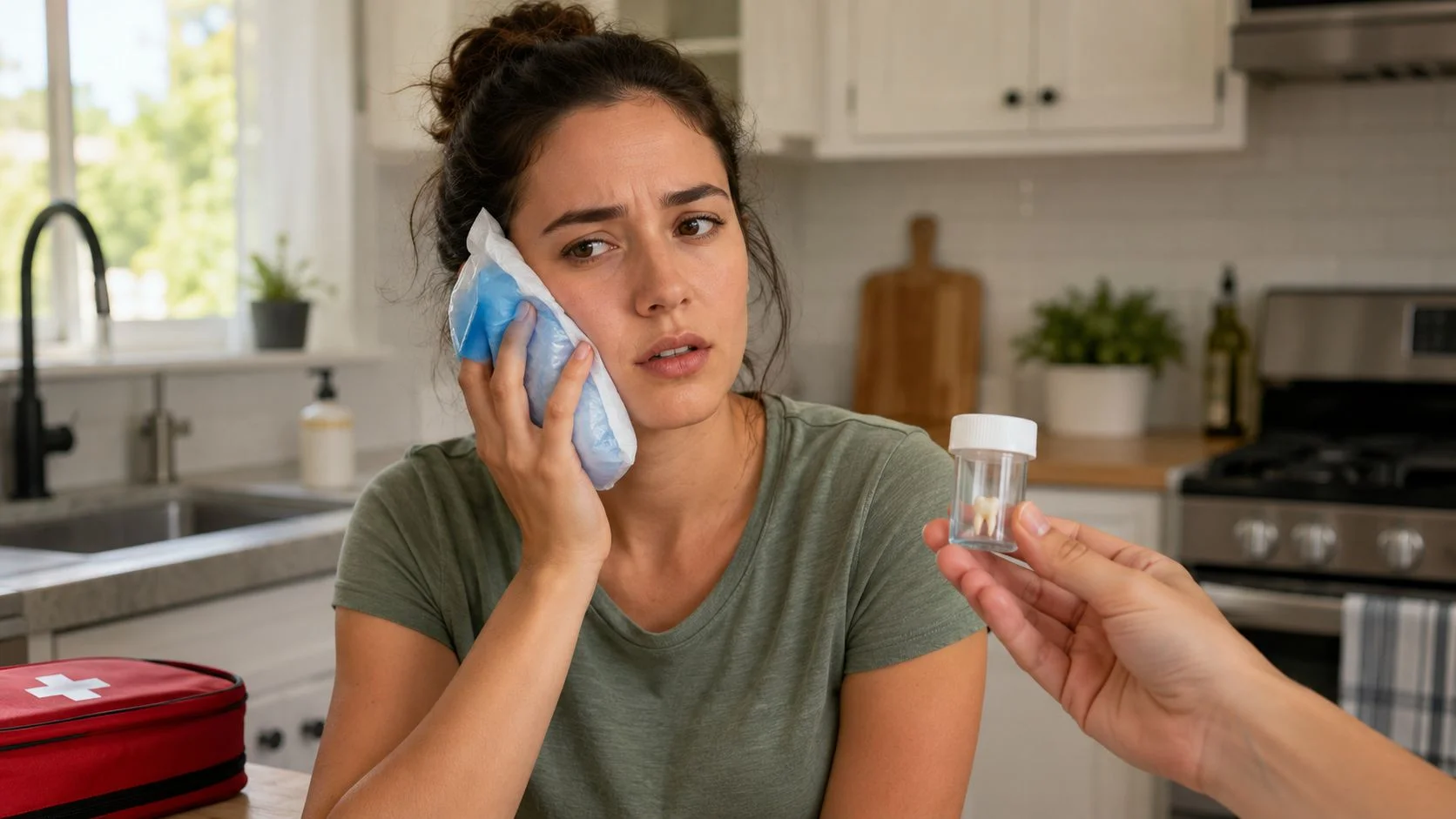 A distressed woman holding an ice pack to her cheek while someone offers her a tooth in a container.