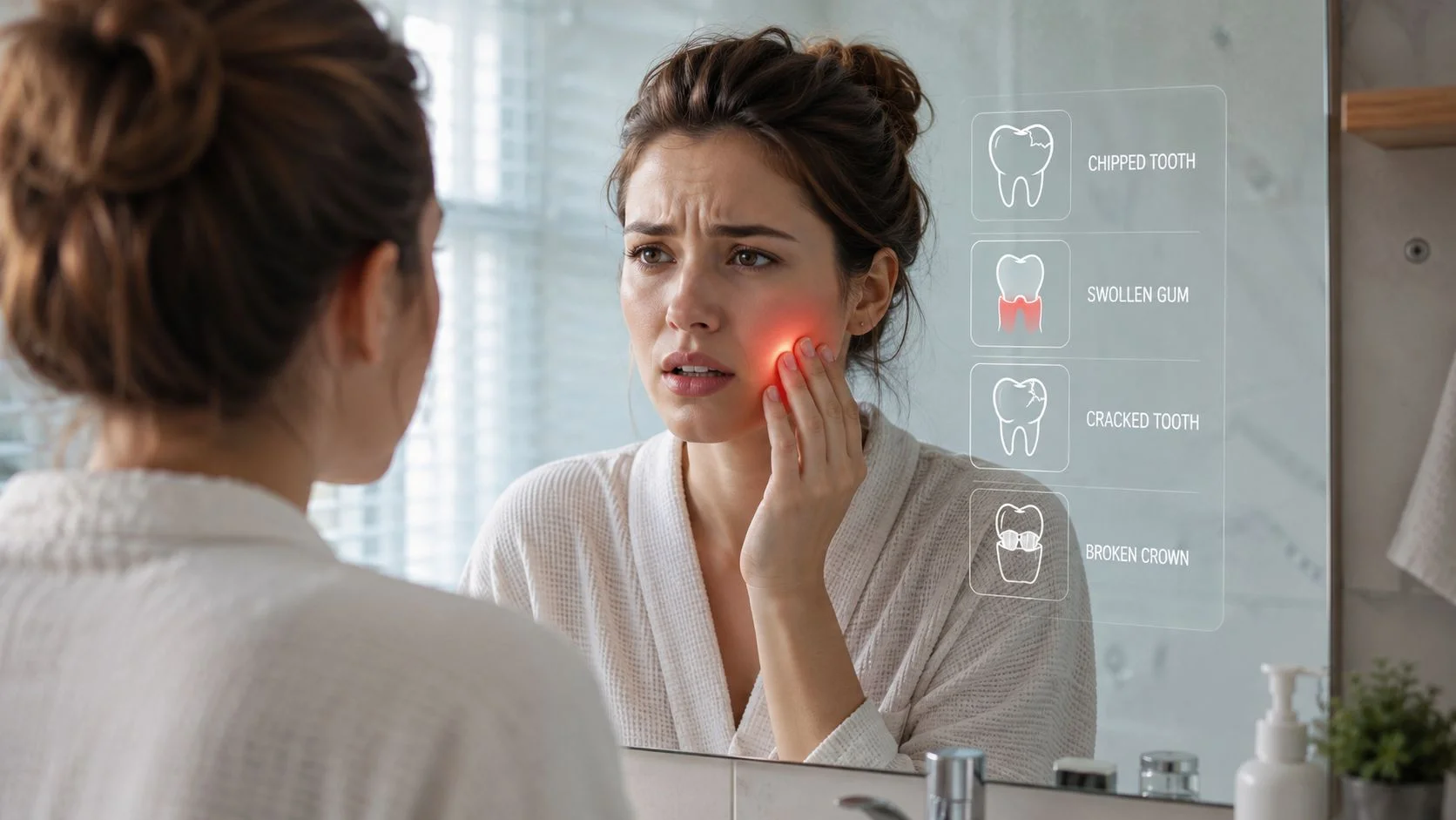 A woman experiencing tooth pain, looking into a bathroom mirror with digital dental icons overlaying the scene.