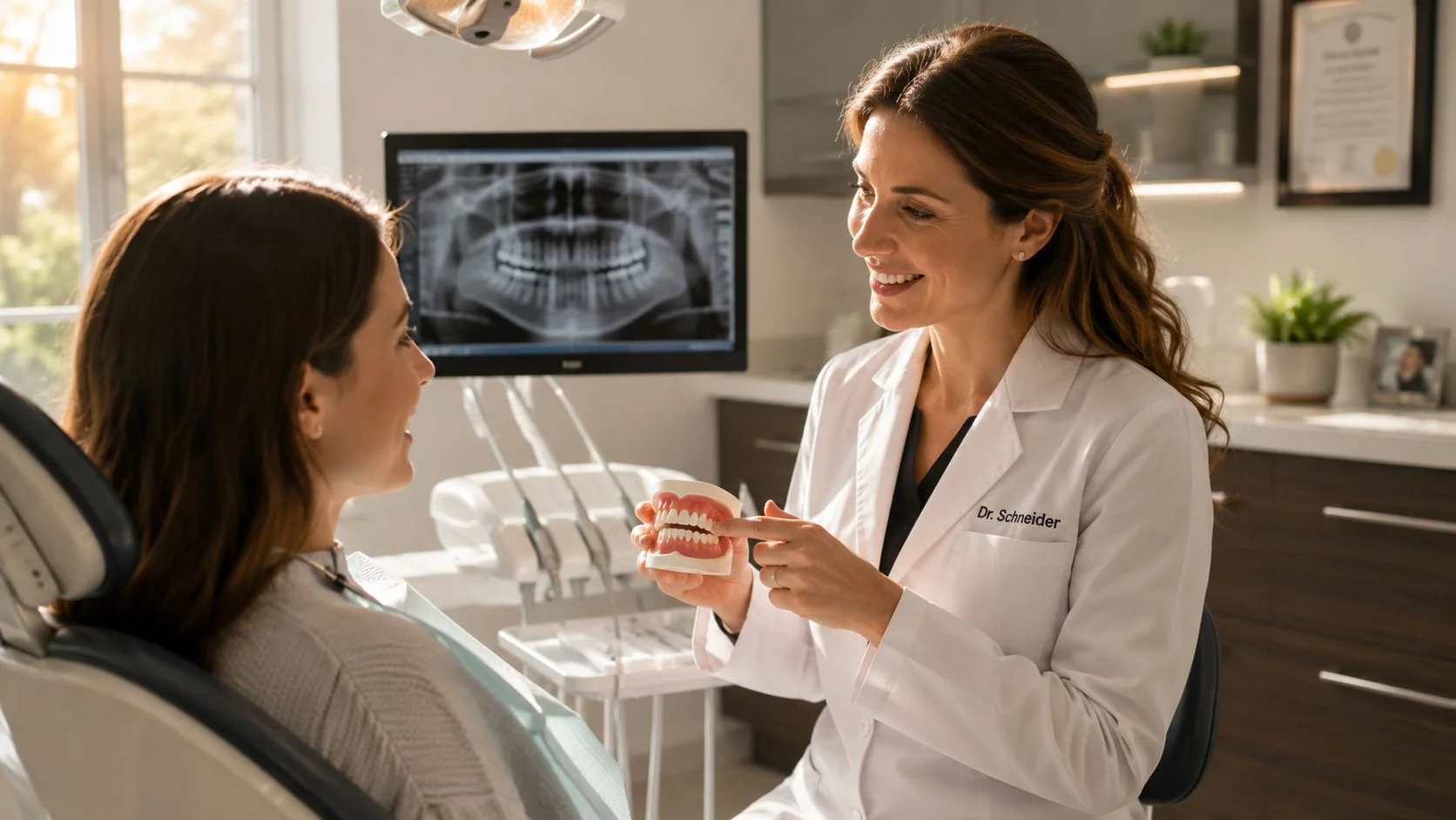 A female dentist named Dr. Schneider explains a dental treatment plan to a patient in her office.