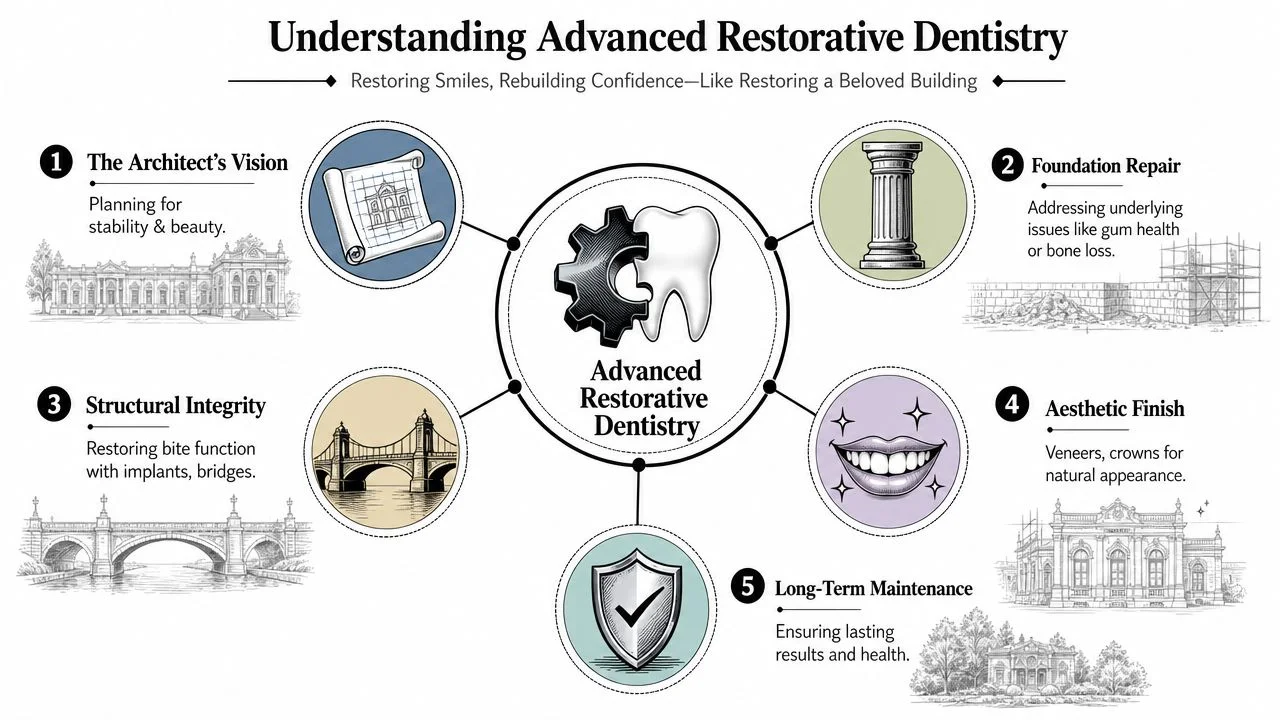 An infographic showing the five steps of advanced restorative dentistry compared to a building restoration project.