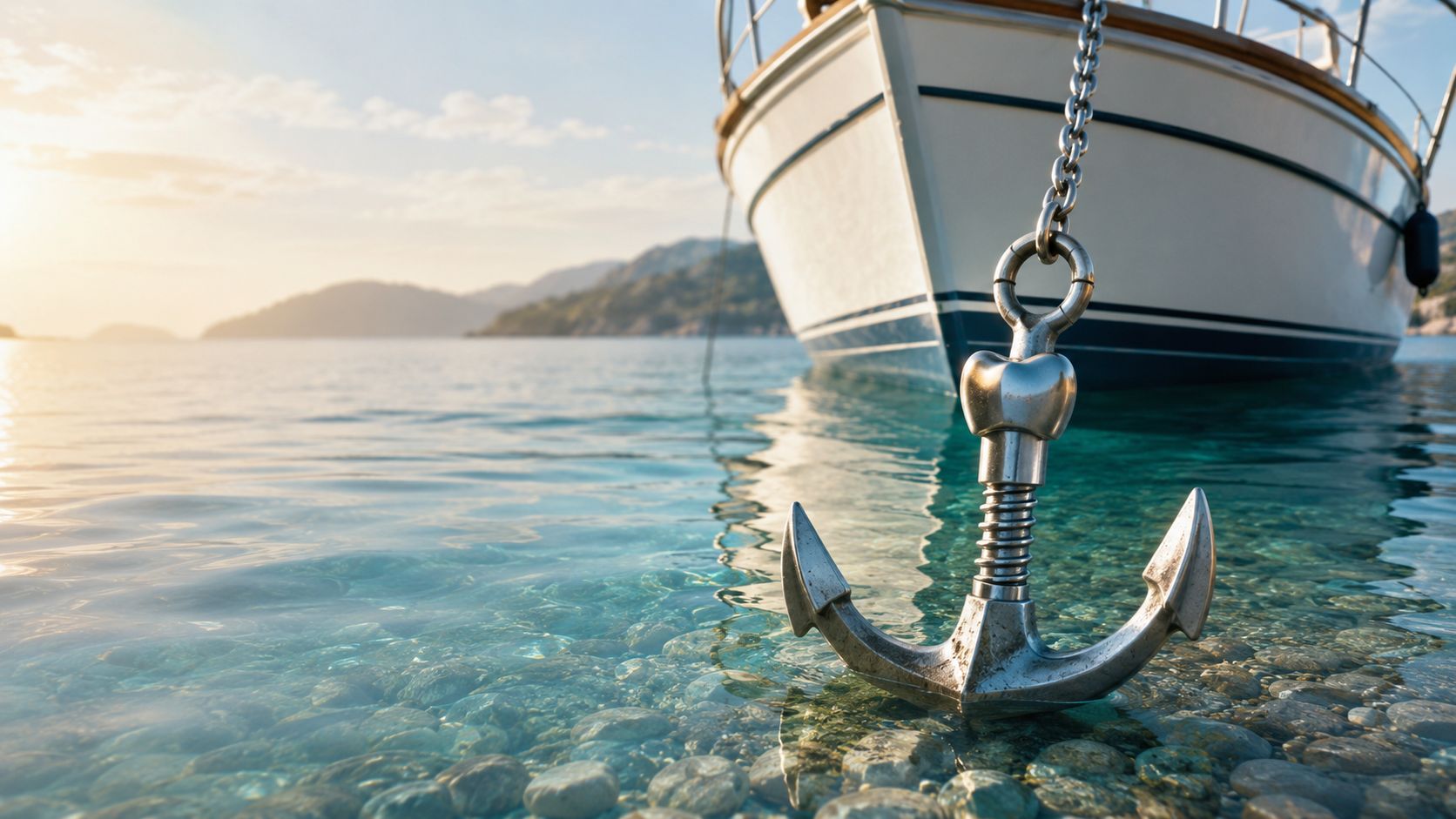 A stainless steel boat anchor resting in clear, shallow water next to the bow of a yacht.