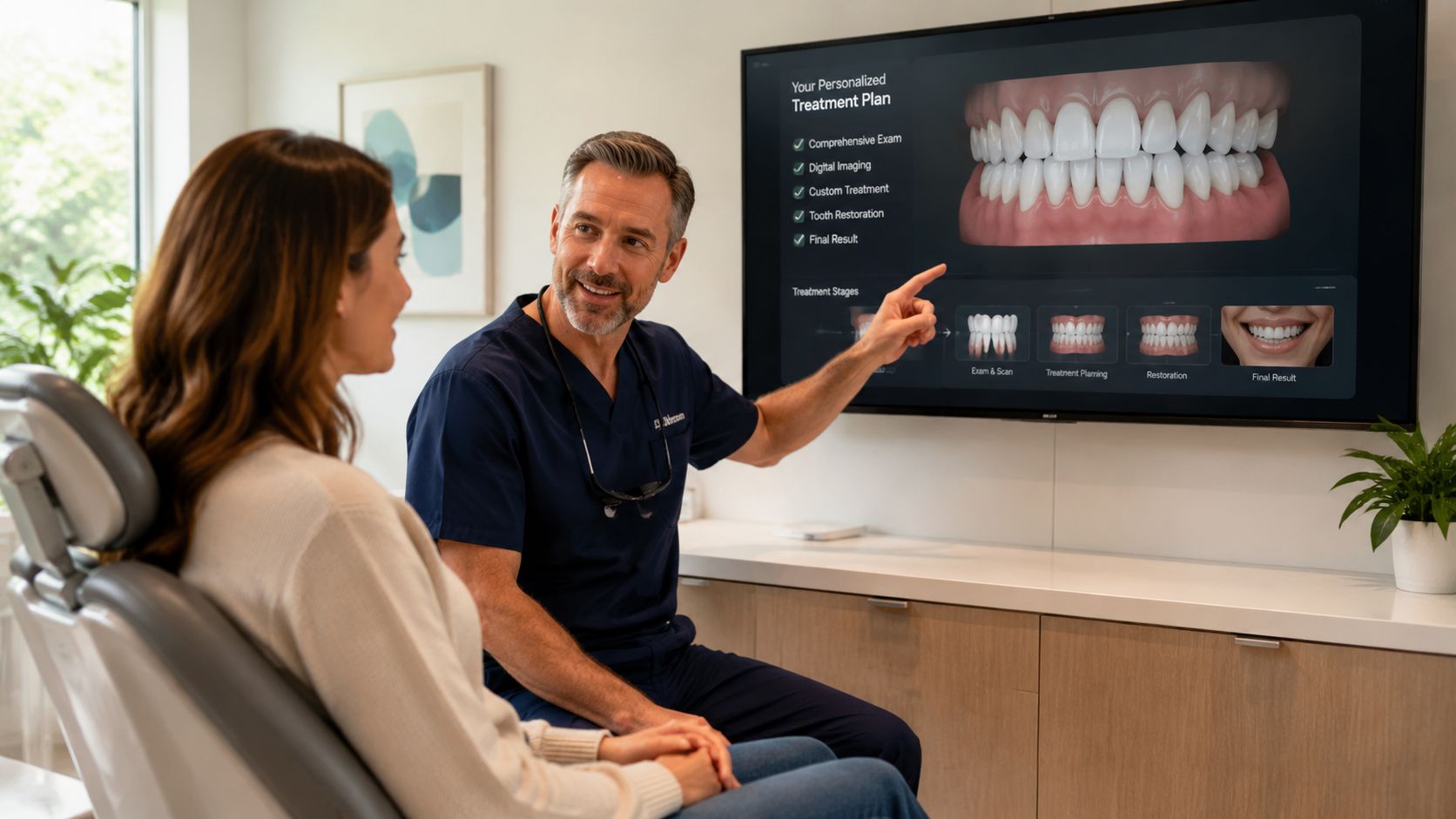A dentist explaining a personalized digital dental treatment plan to a patient in a modern office.