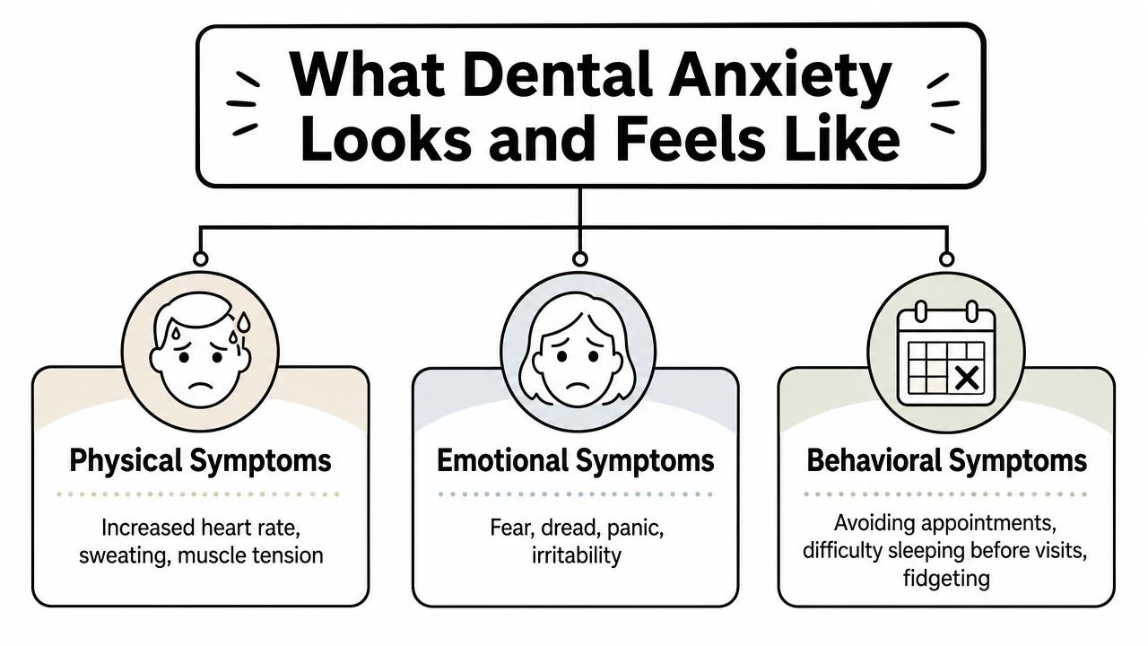 An infographic showing the physical, emotional, and behavioral symptoms associated with dental anxiety in patients.