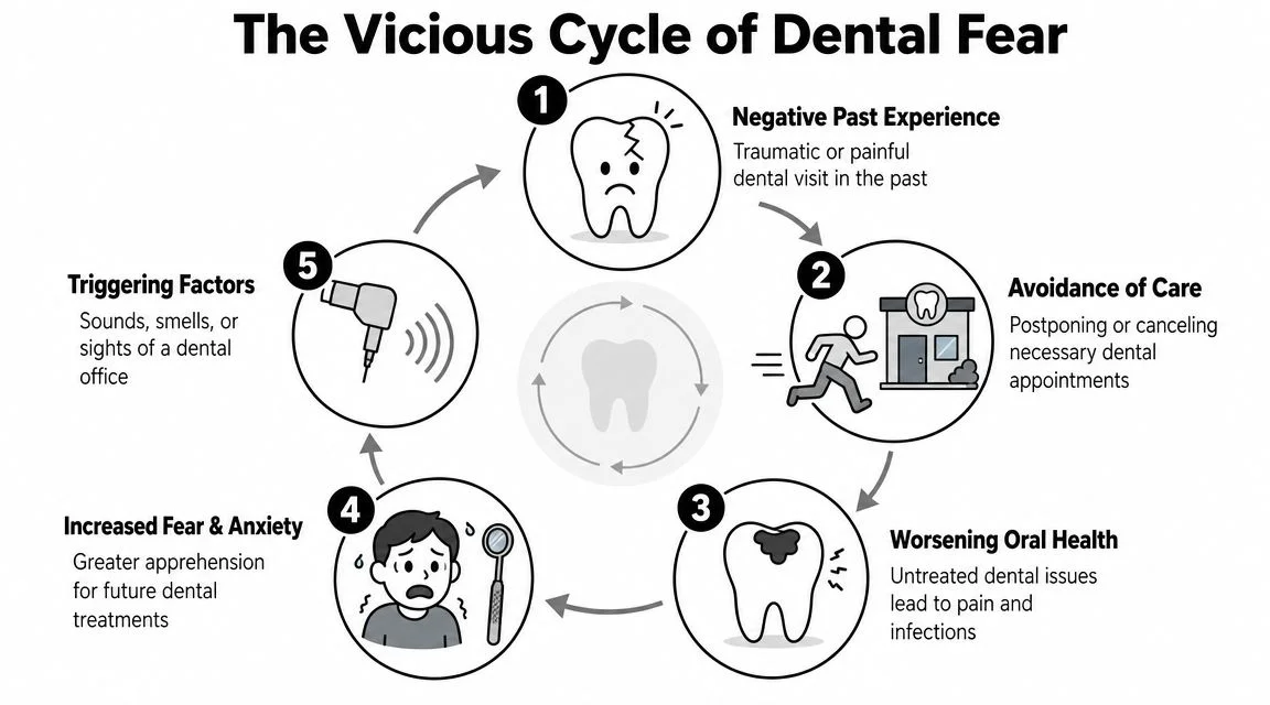 A diagram illustrating the five stages of the vicious cycle of dental fear and anxiety.