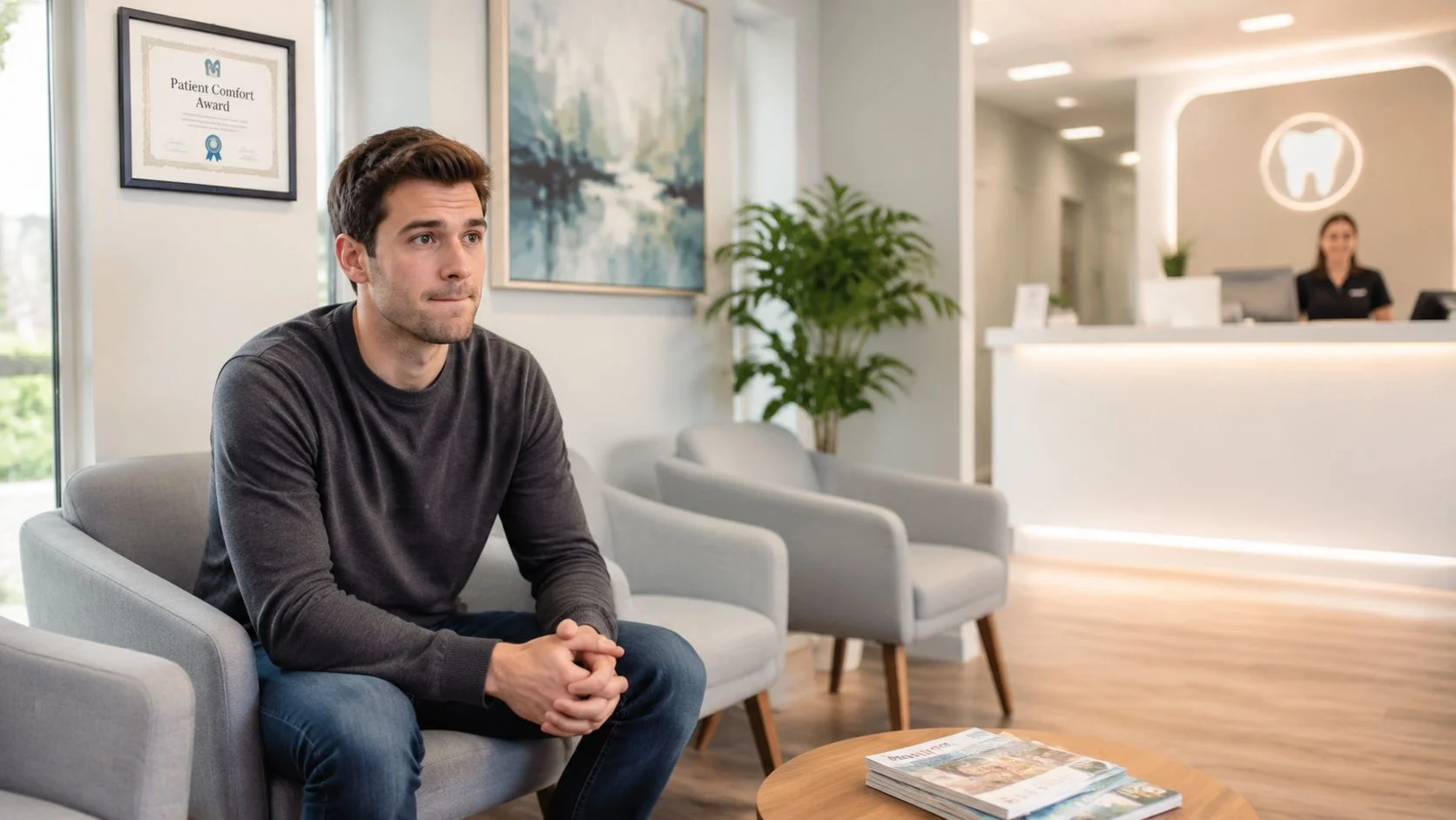 A young man looking nervous while sitting in a modern dentist office waiting area.
