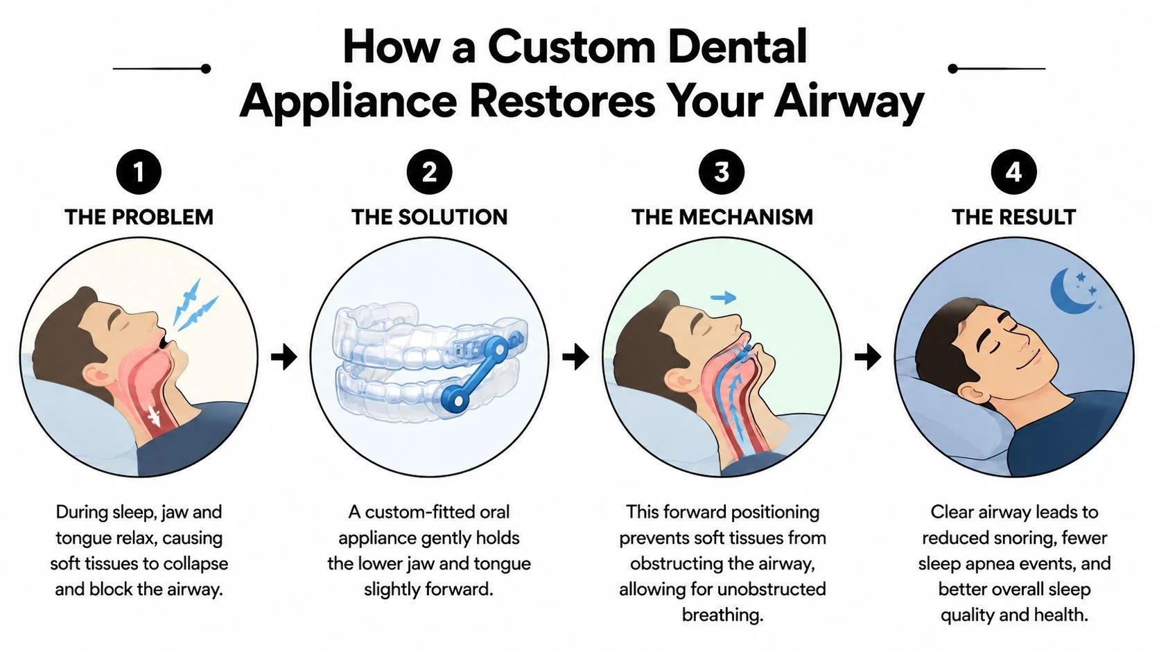 An infographic illustrating how a custom dental appliance treats sleep apnea by keeping the airway open.