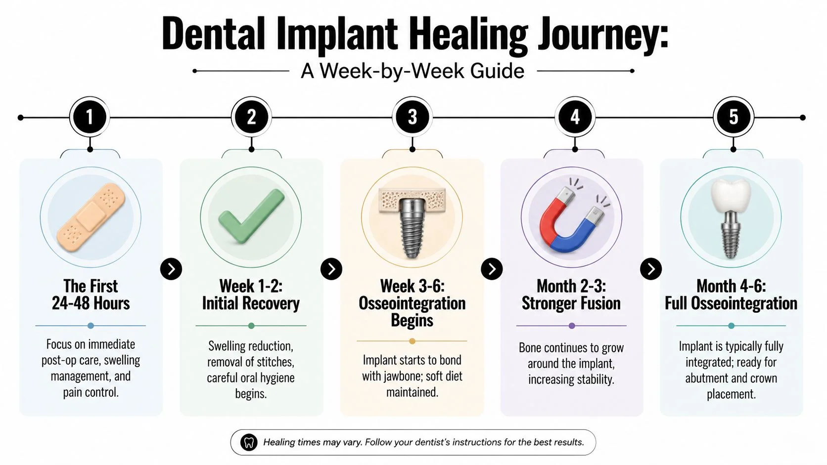 A five-step infographic showing the dental implant healing journey from the first 48 hours to full integration.