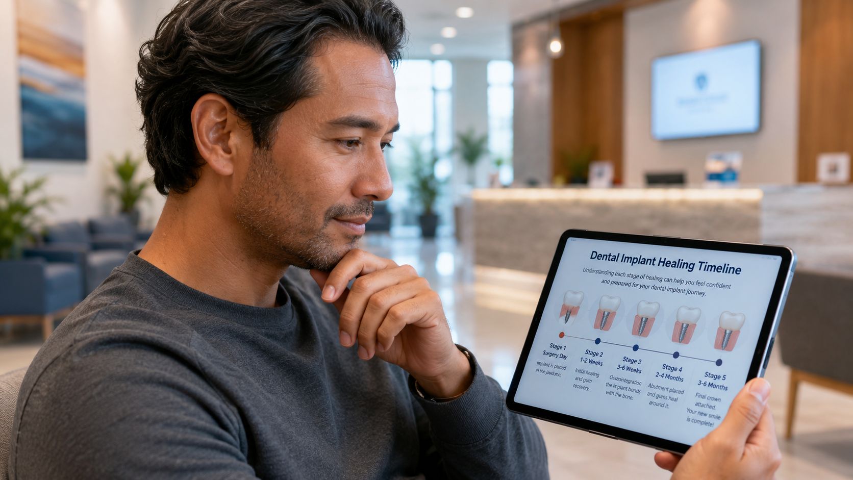 A man in a waiting room reviews a dental implant healing timeline on a digital tablet screen.