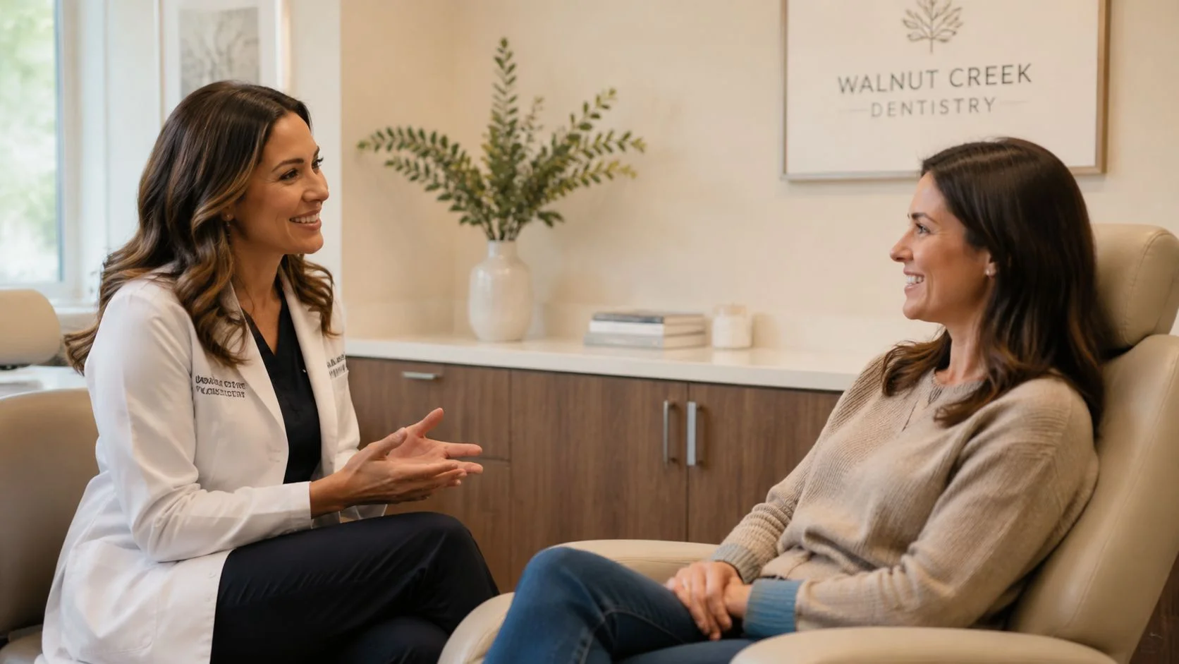 A friendly female dentist consults with a patient sitting comfortably in a modern dental office chair.