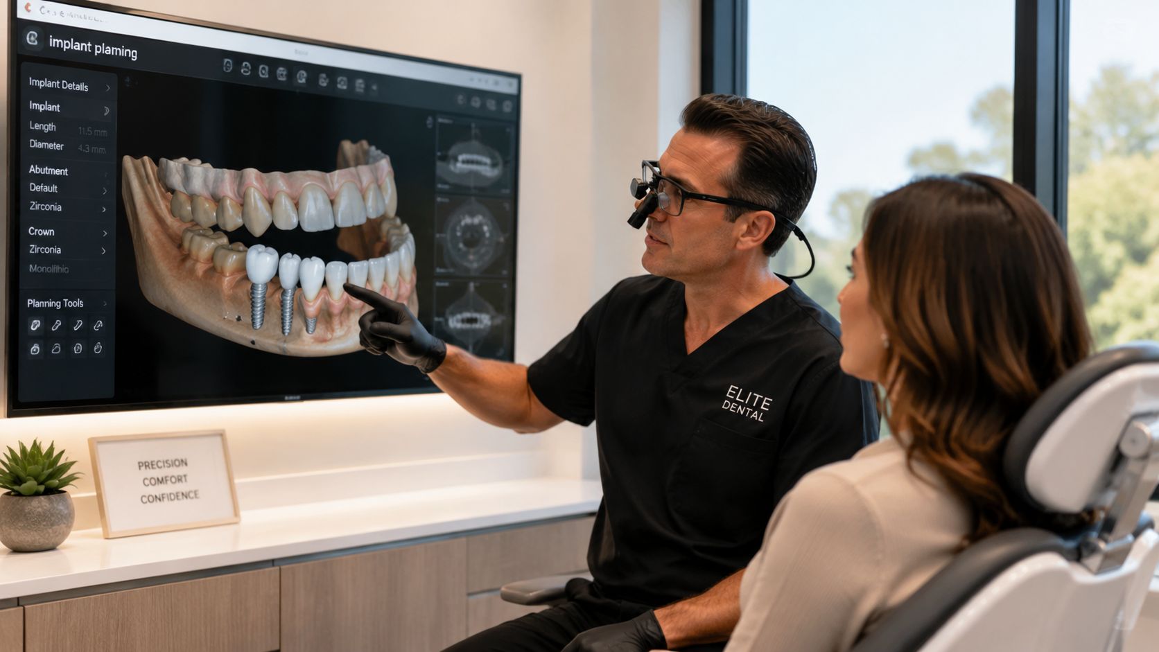 A dentist explaining a digital dental implant plan on a screen to a female patient in office.
