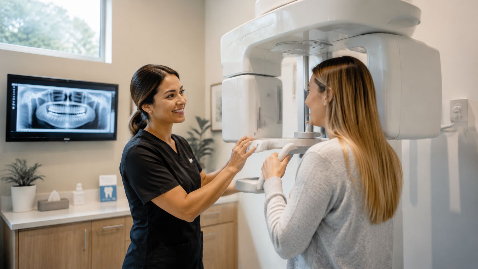 A friendly dental assistant helping a patient position her head for a panoramic digital dental X-ray scan.